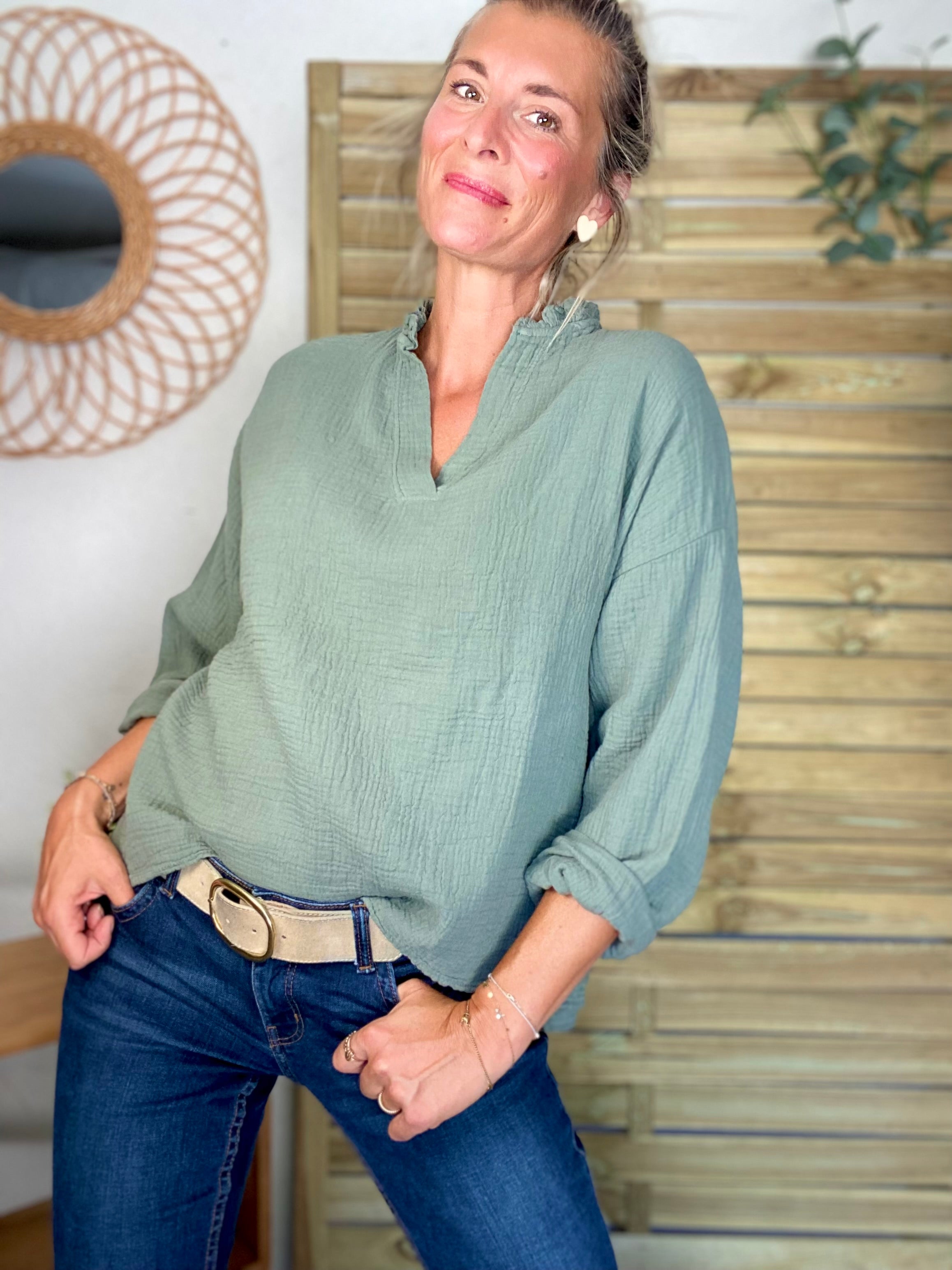 Blouse en gaze de coton SIERRA Kaki - manches longues