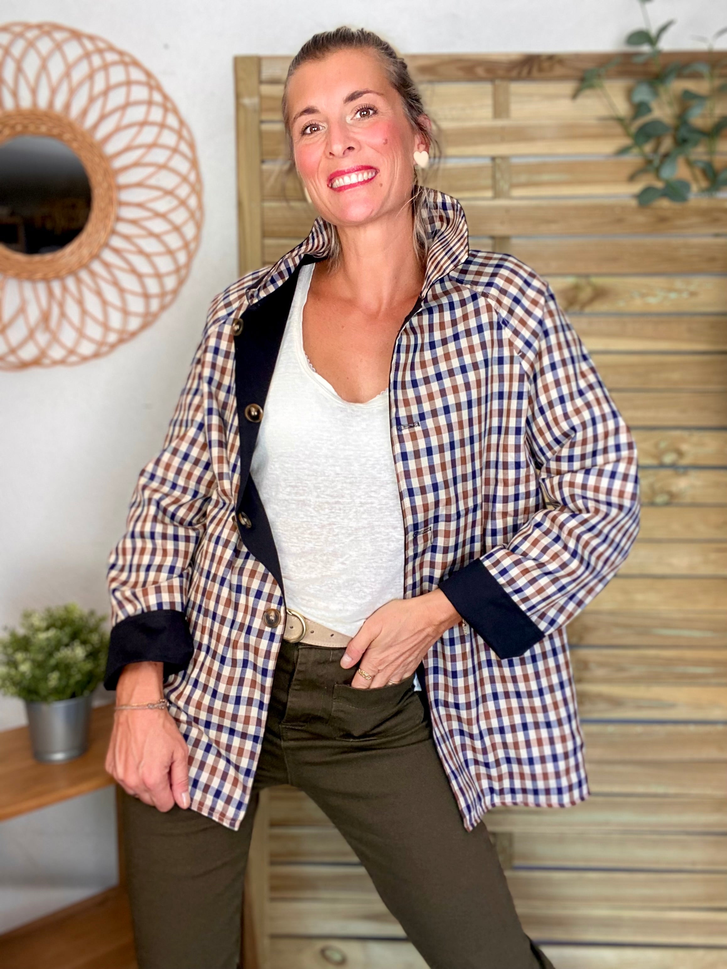 Veste Trench mi long réversible vichy LENA - Noir