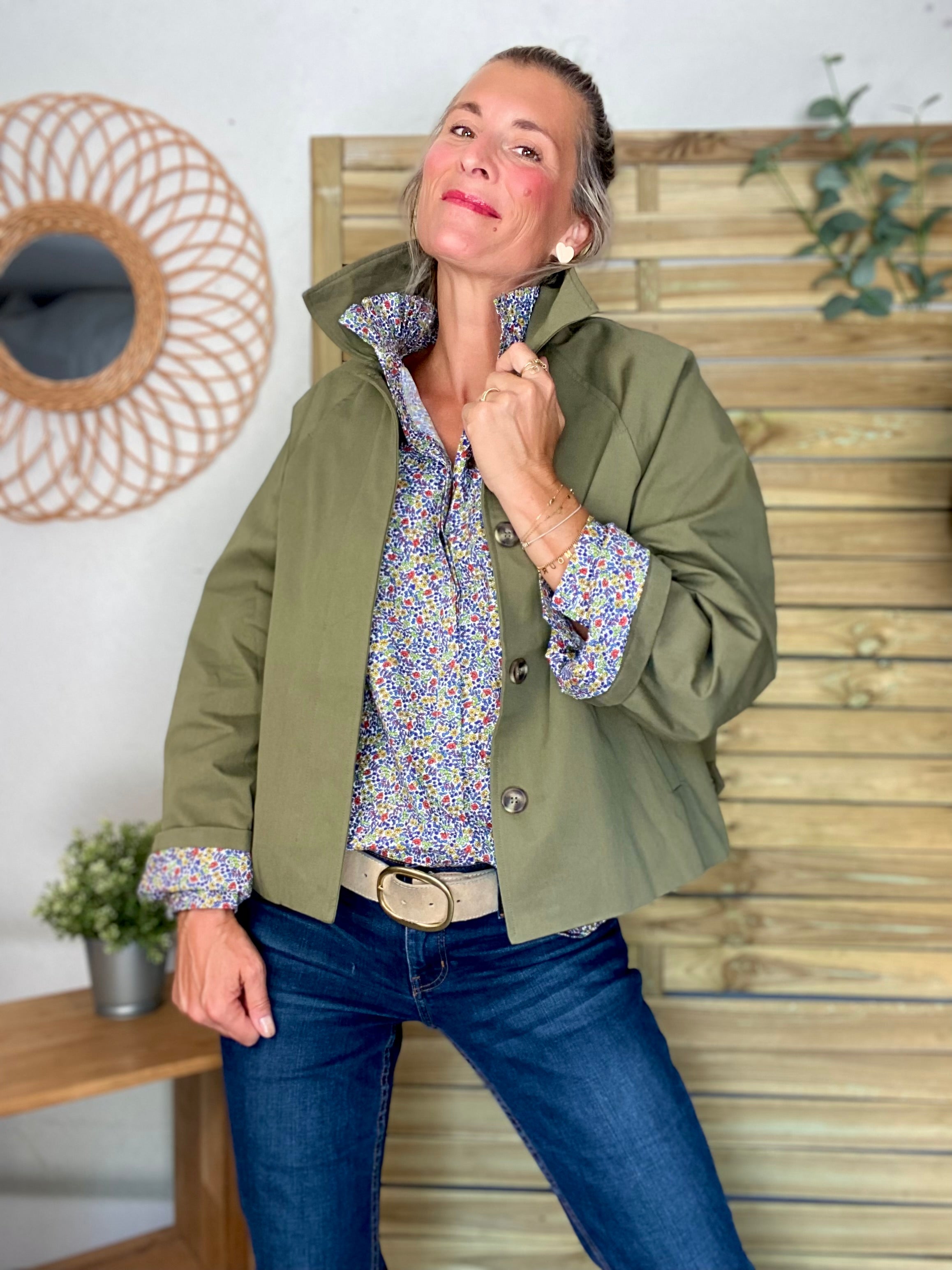 Veste Trench en coton kaki avec Liberty - MAHAUT