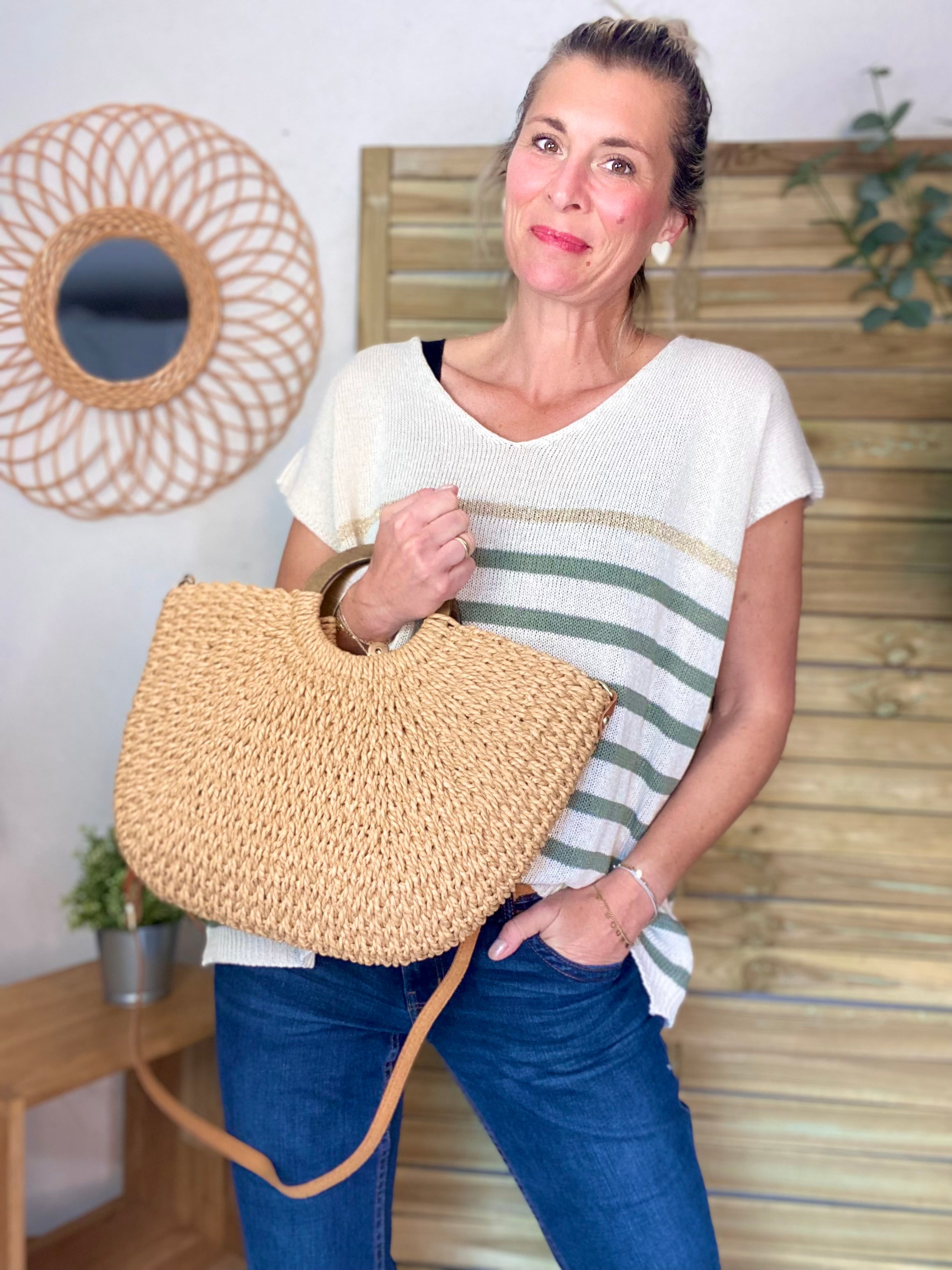 Sac à main et bandoulière en paille PAULA - Beige foncé