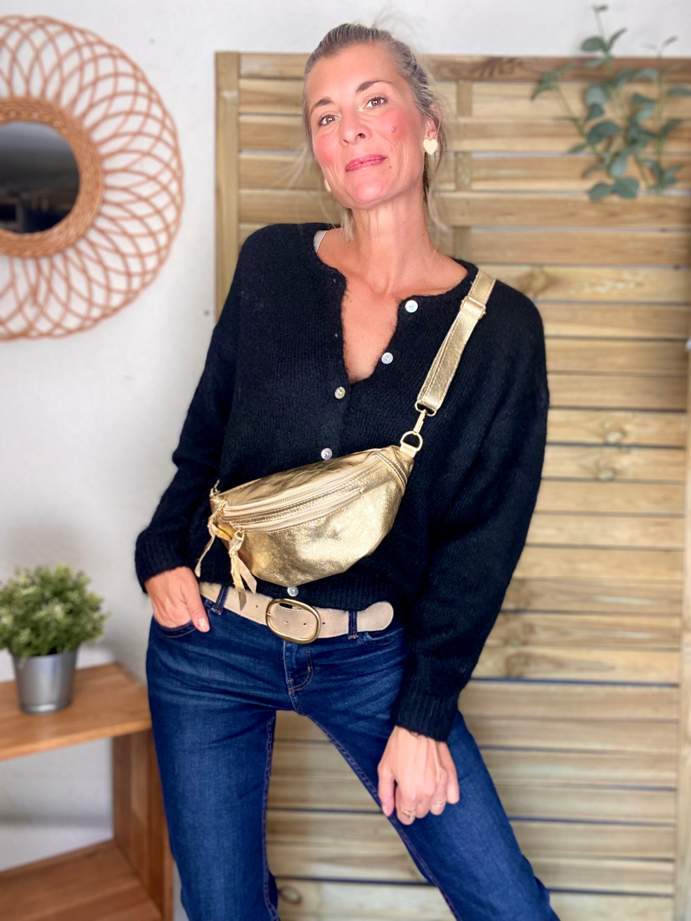 Sac banane en cuir irisé double poche - OPALE - Doré / doré