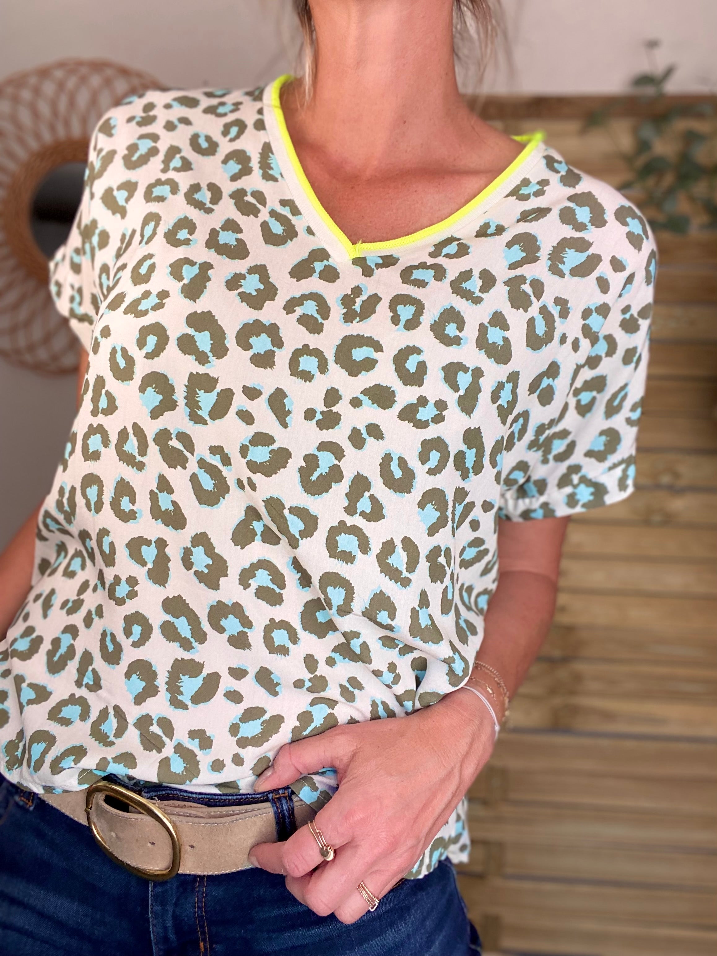 Top imprimé Léo col V avec lurex MISHA - Kaki