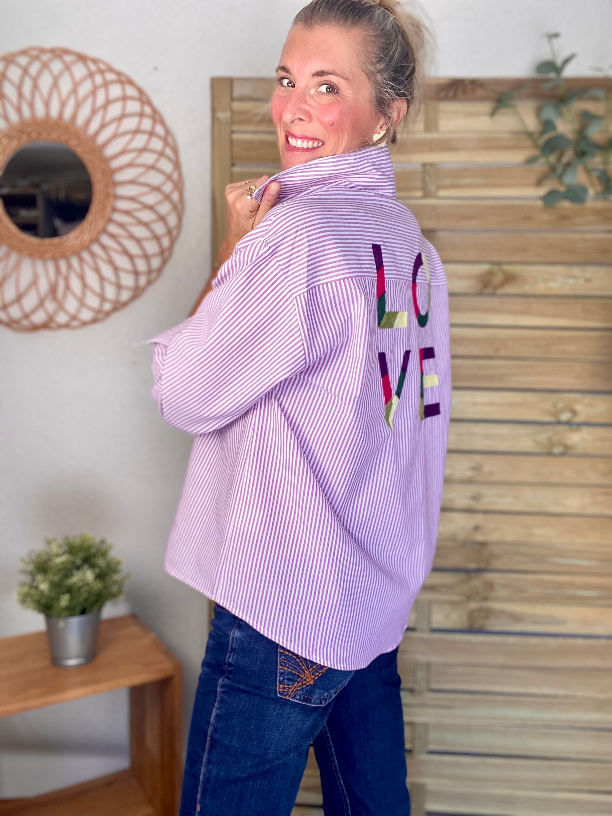 Chemise rayée brodée LOVE multico LANA - Rose cerise