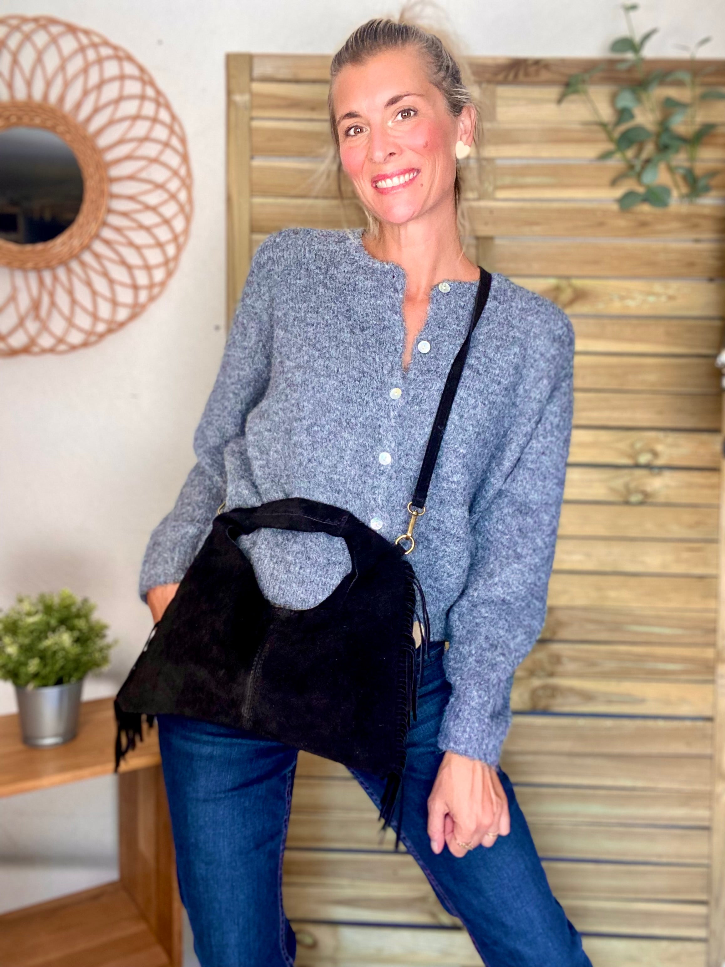 Sac en cuir daim avec franges AARON - Noir