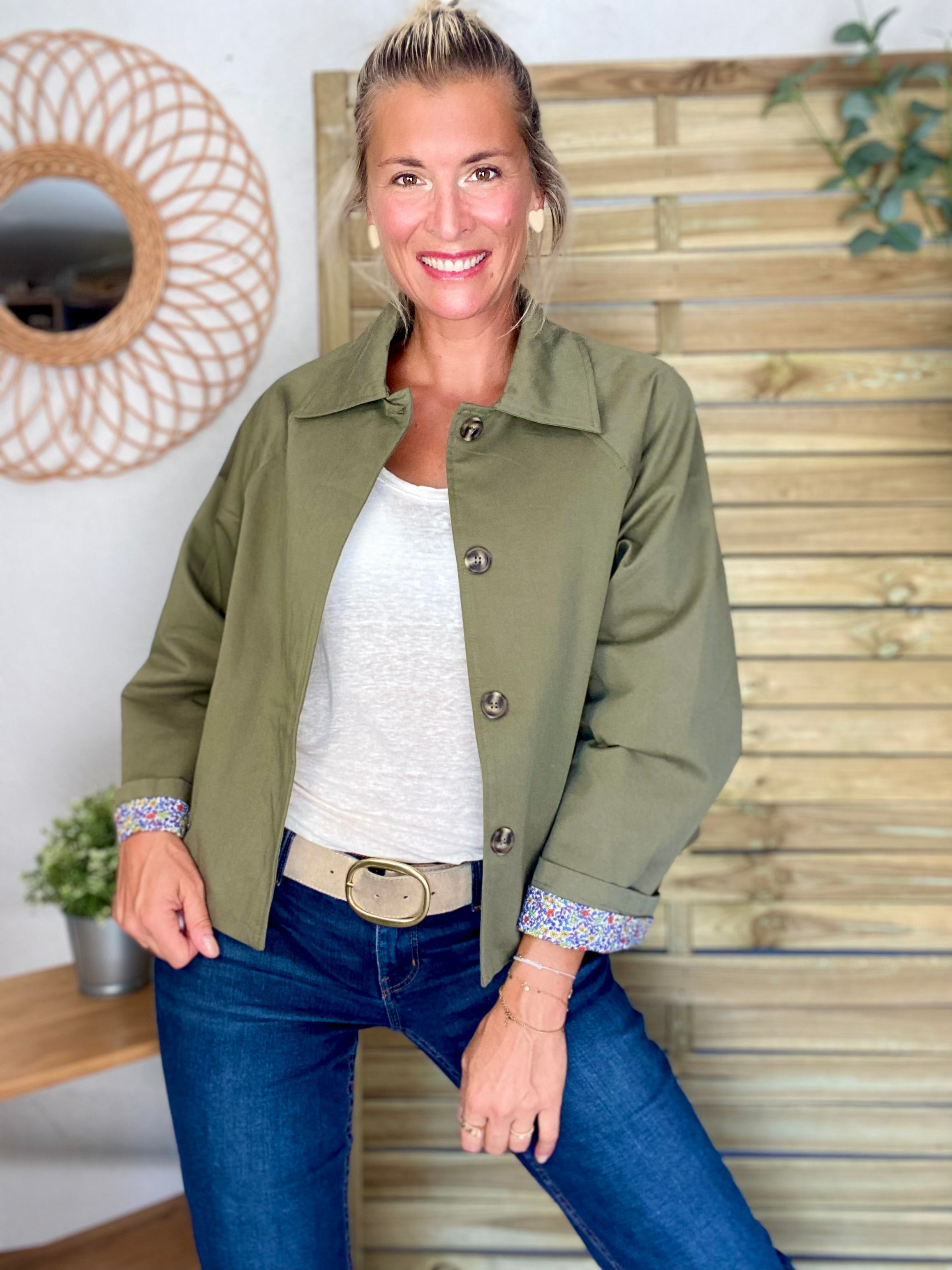 Veste Trench en coton kaki avec Liberty - MAHAUT