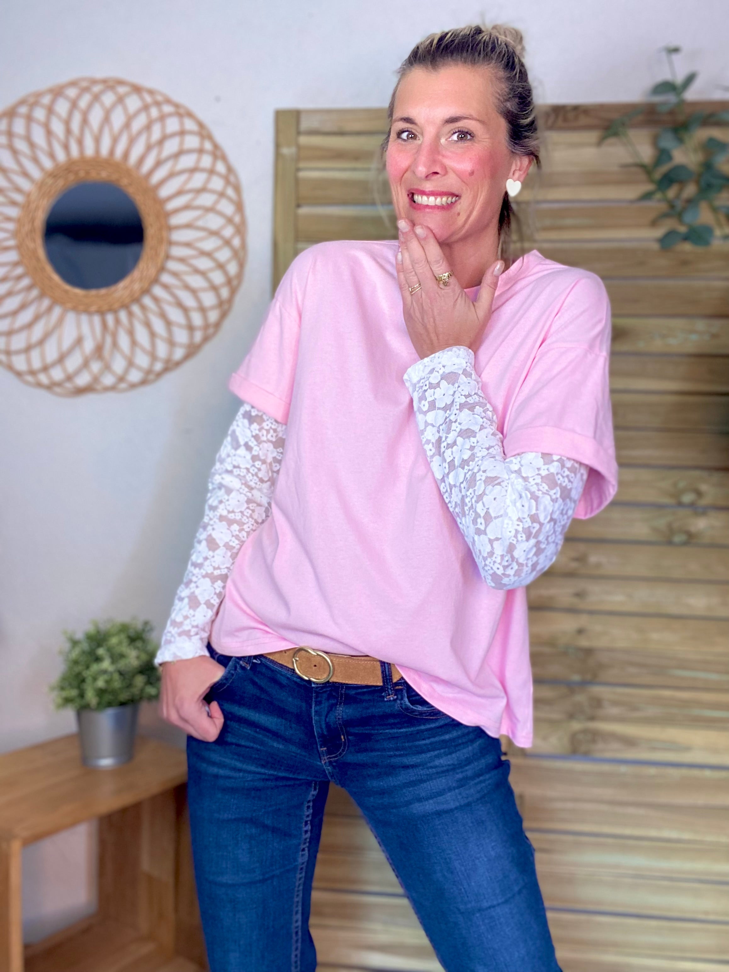 Tee shirt avec manches longues dentelle PAMELA - Rose