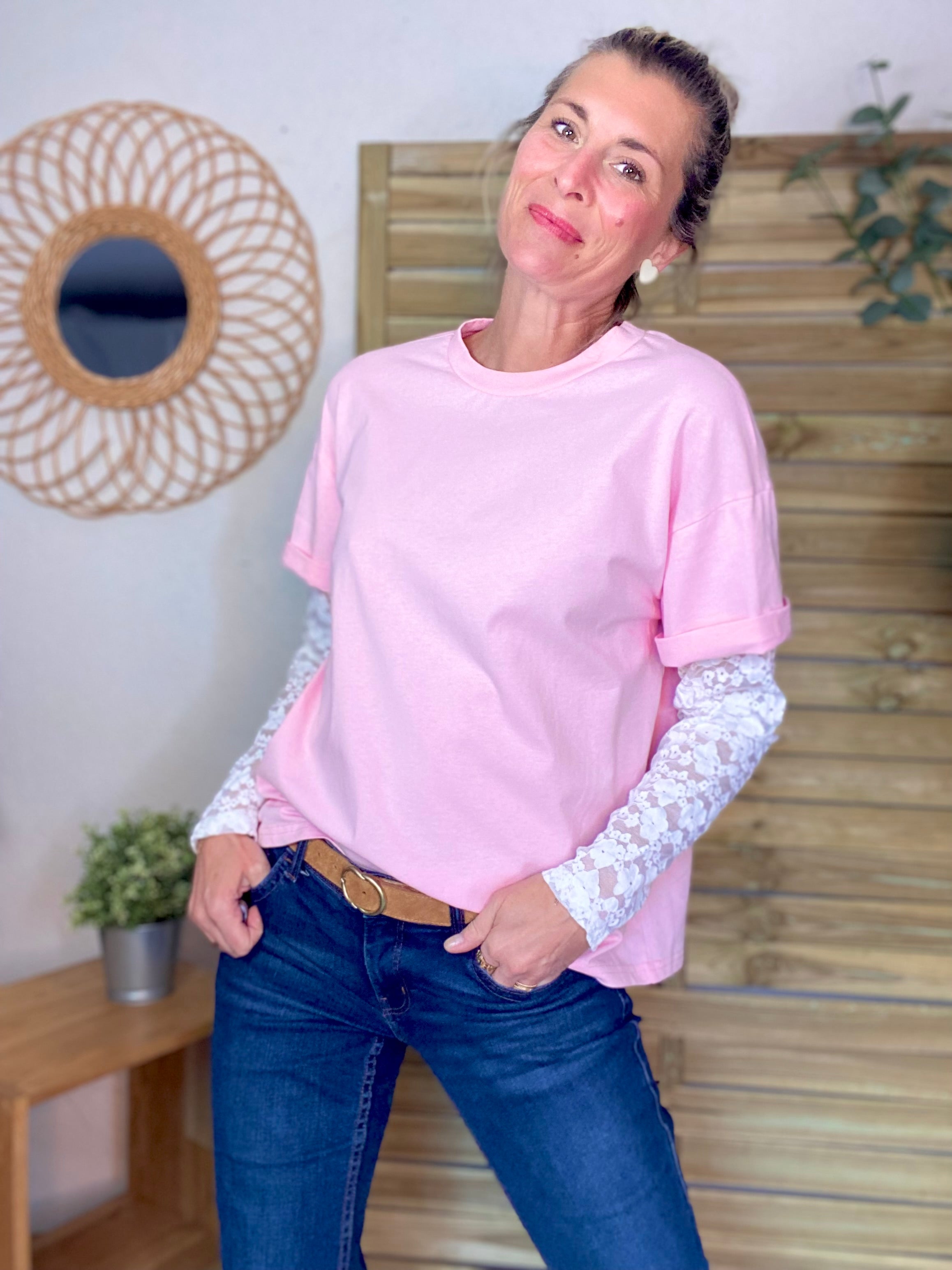 Tee shirt avec manches longues dentelle PAMELA - Rose