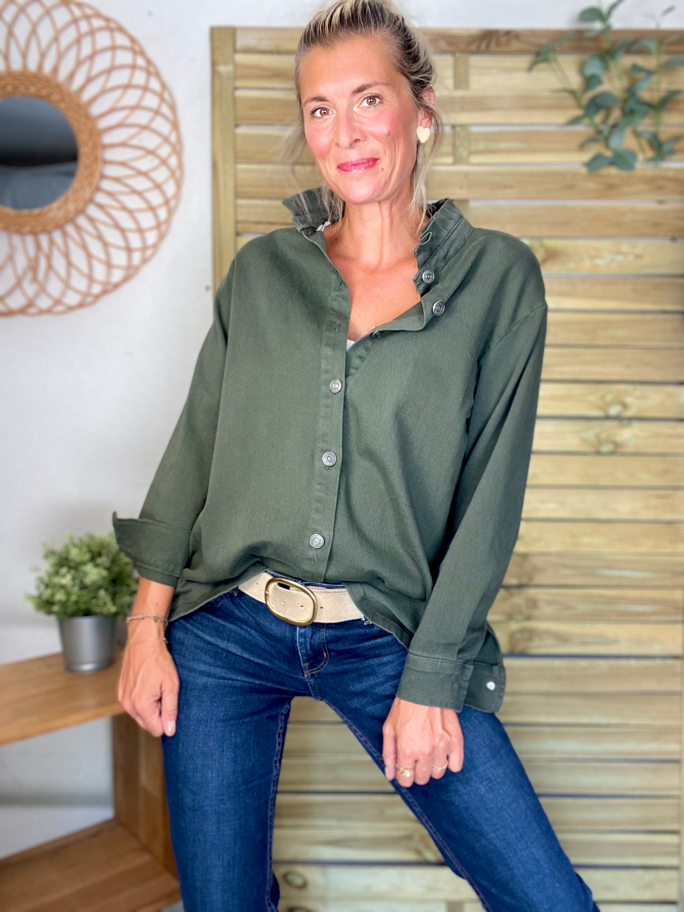Veste / Chemise en coton, col volanté Kaki LISON