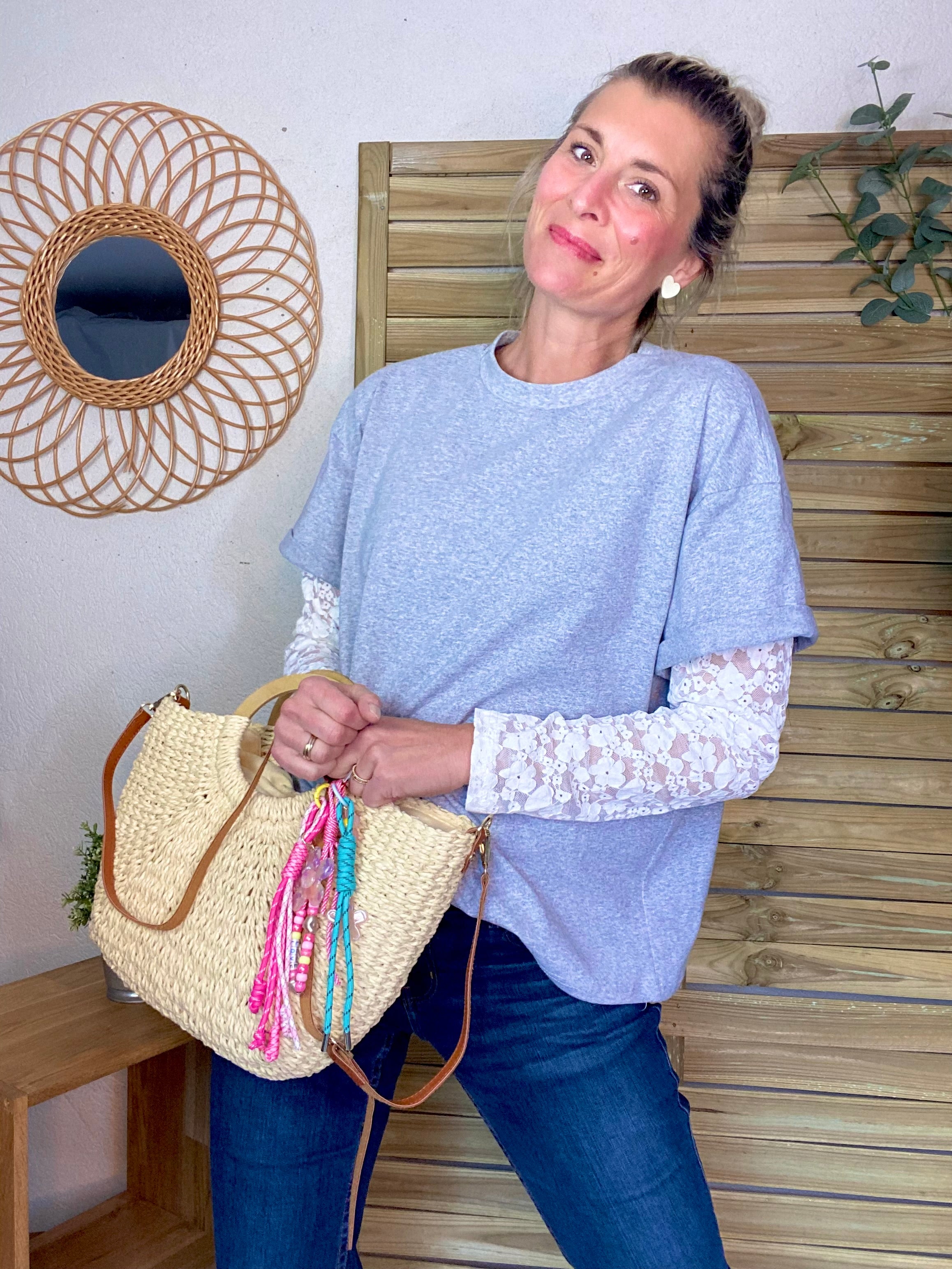 Sac à main et bandoulière en Paille PAULA - Beige clair