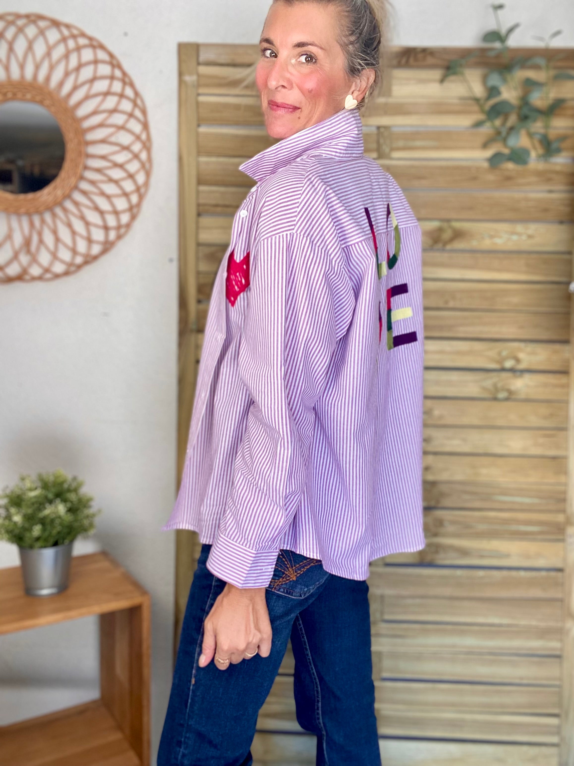 Chemise rayée brodée LOVE multico LANA - Rose cerise