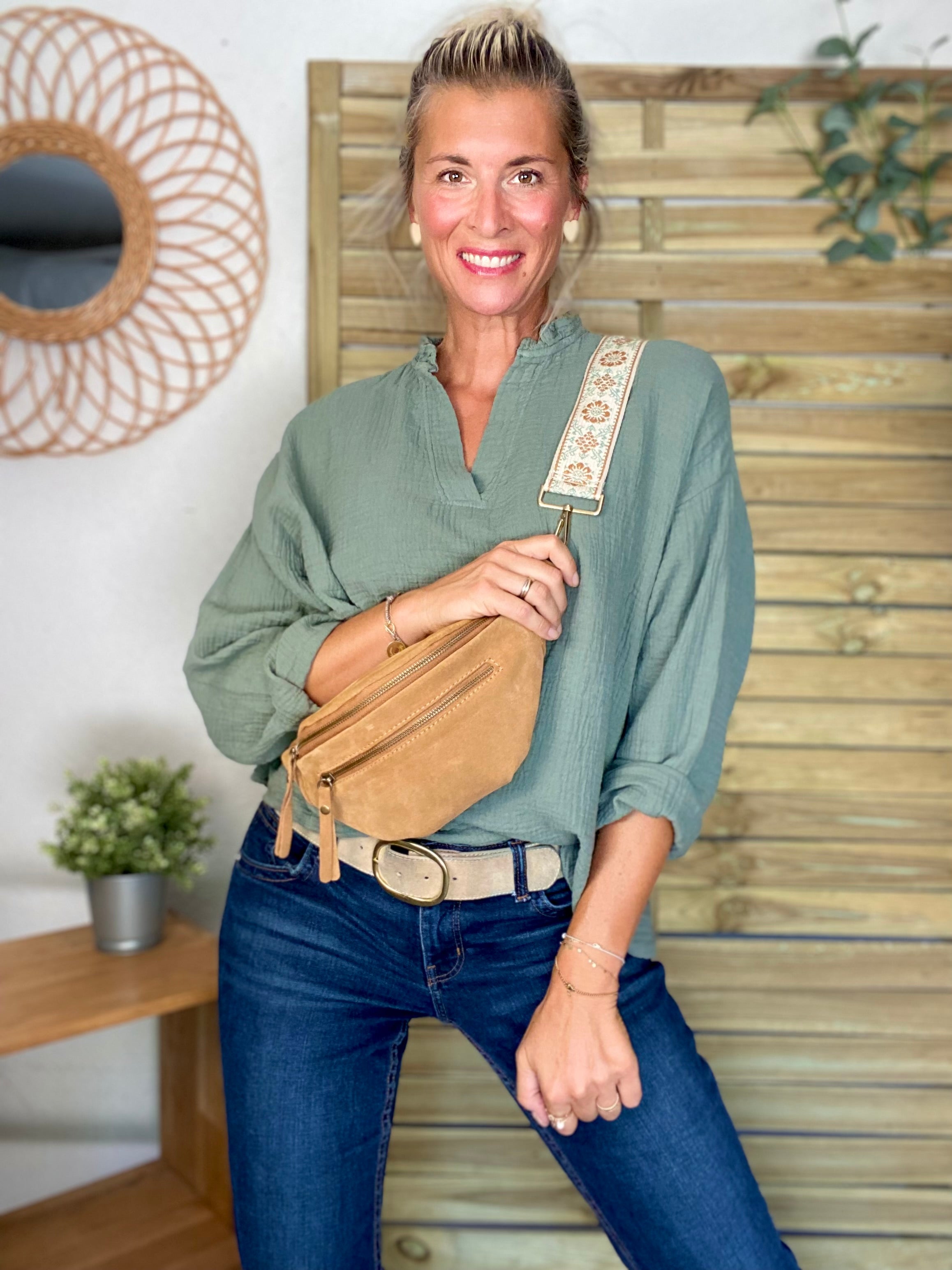 Blouse en gaze de coton SIERRA Kaki - manches longues