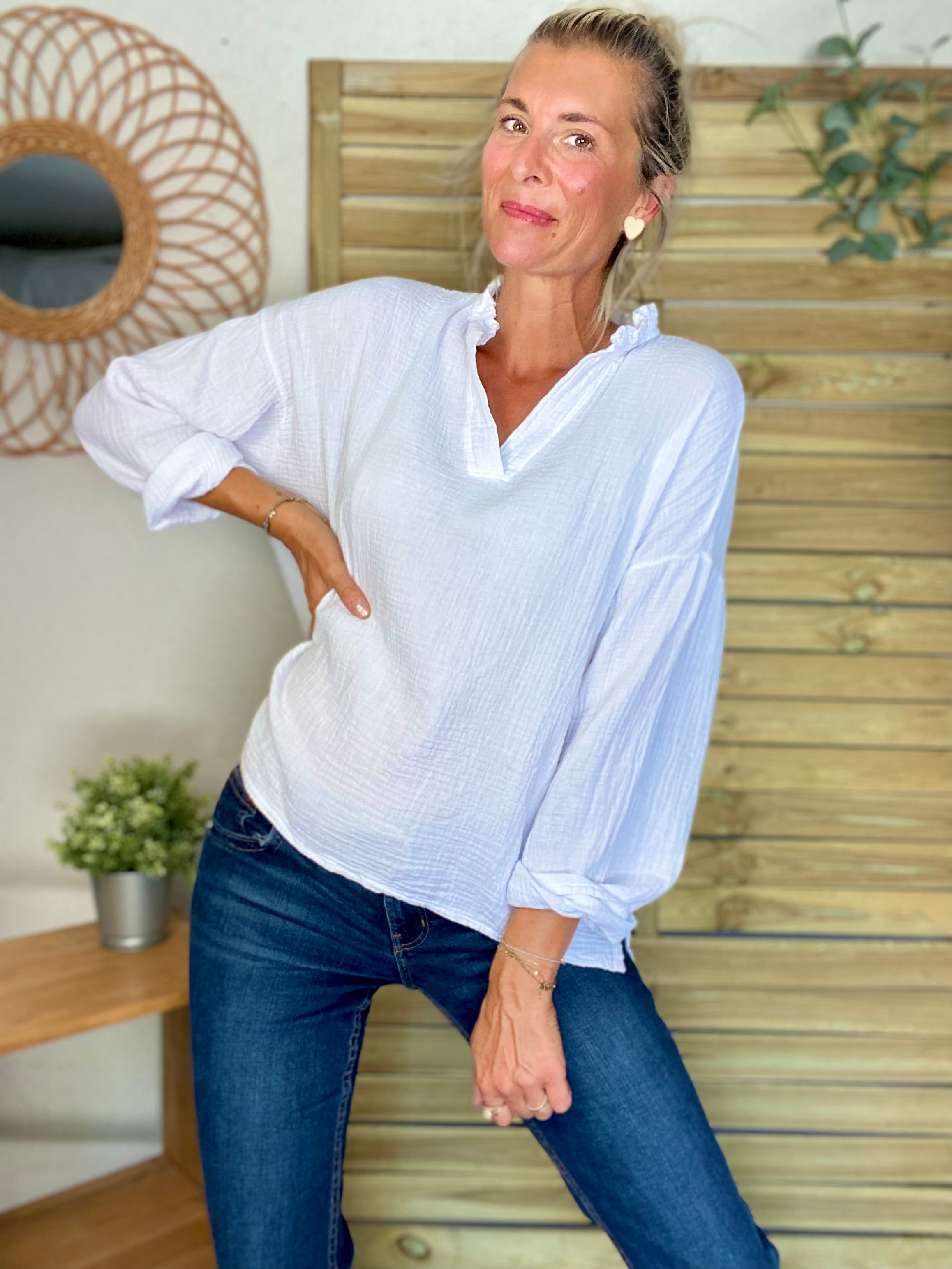 Blouse en gaze de coton SIERRA Blanche - manches longues