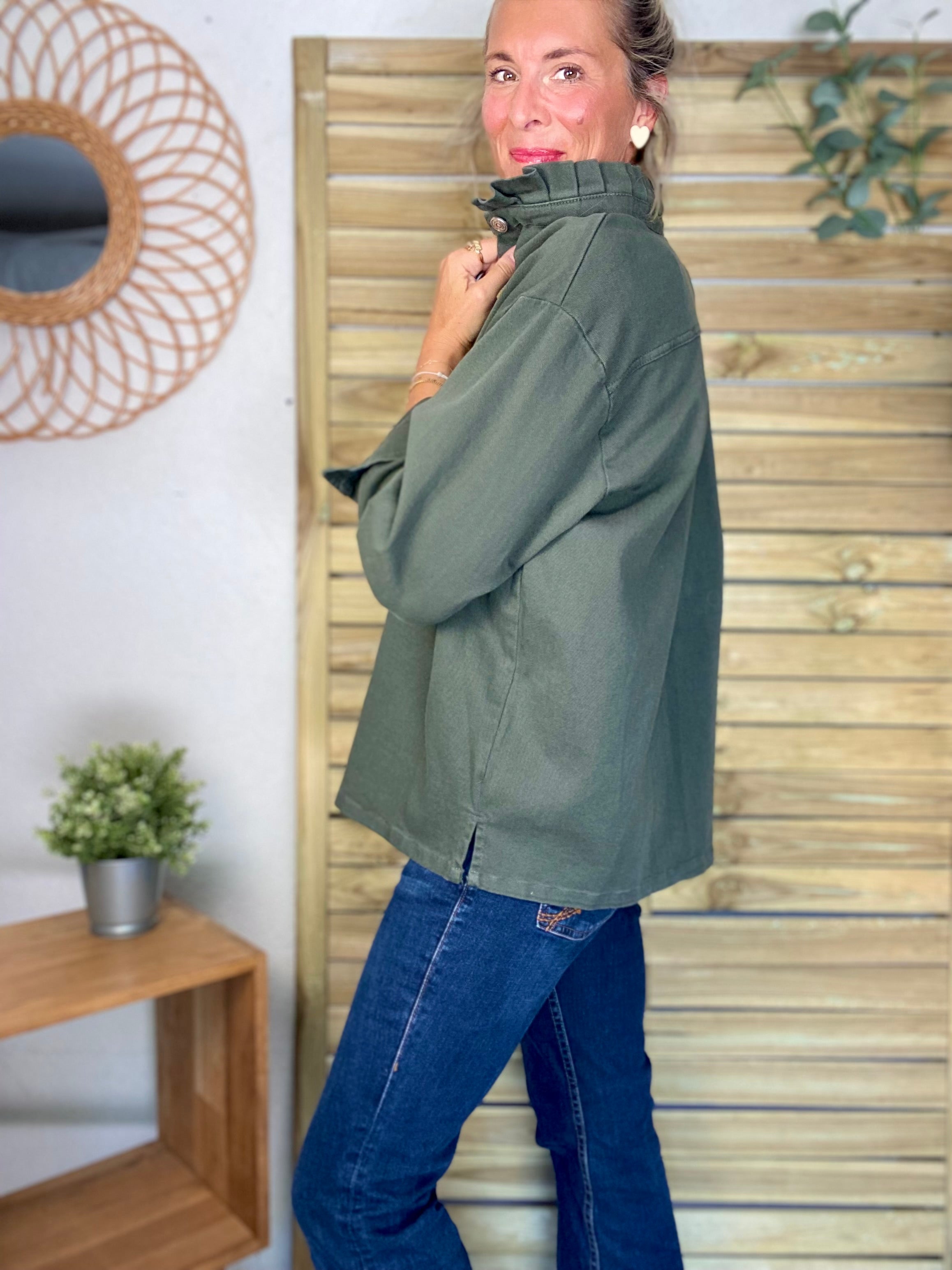 Veste / Chemise en coton, col volanté Kaki LISON