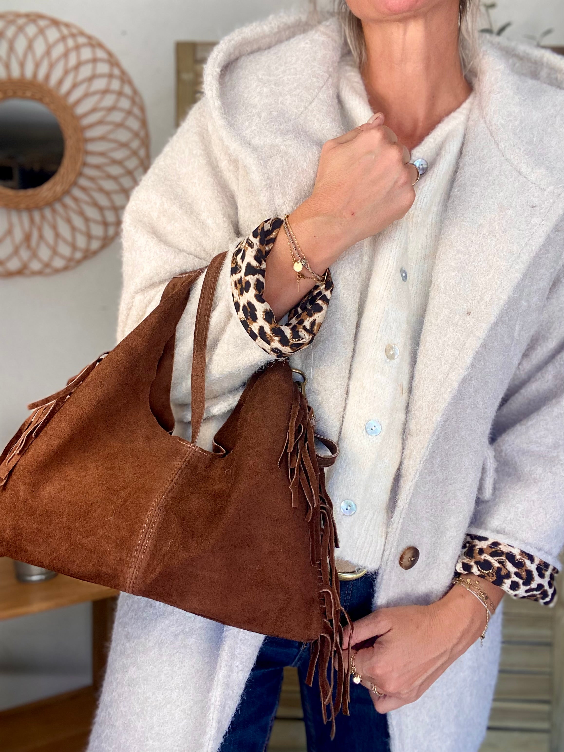 Sac en cuir daim avec franges AARON - Chocolat