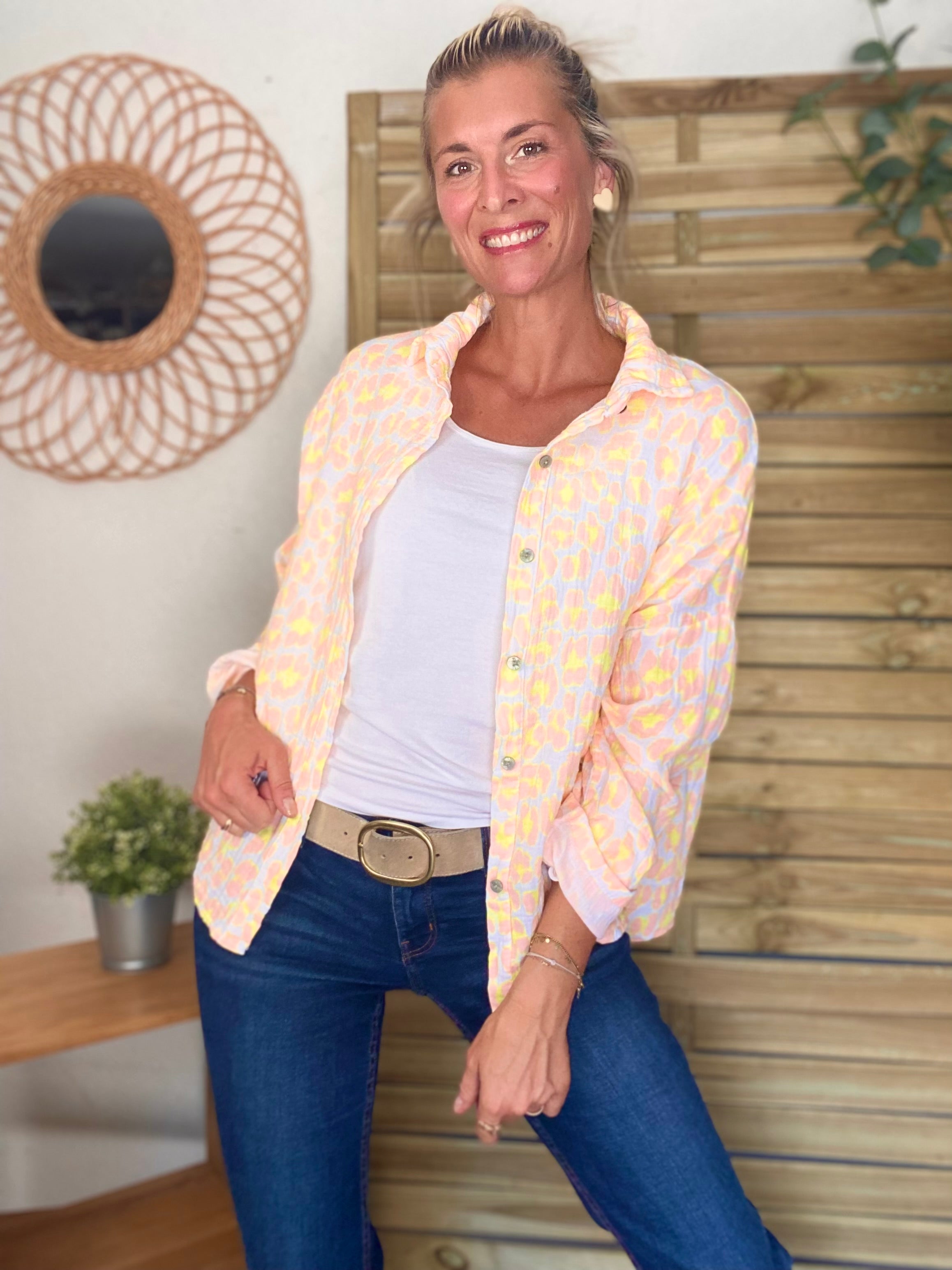 Chemise en gaze de coton imprimé Léo MARCIA - Orange