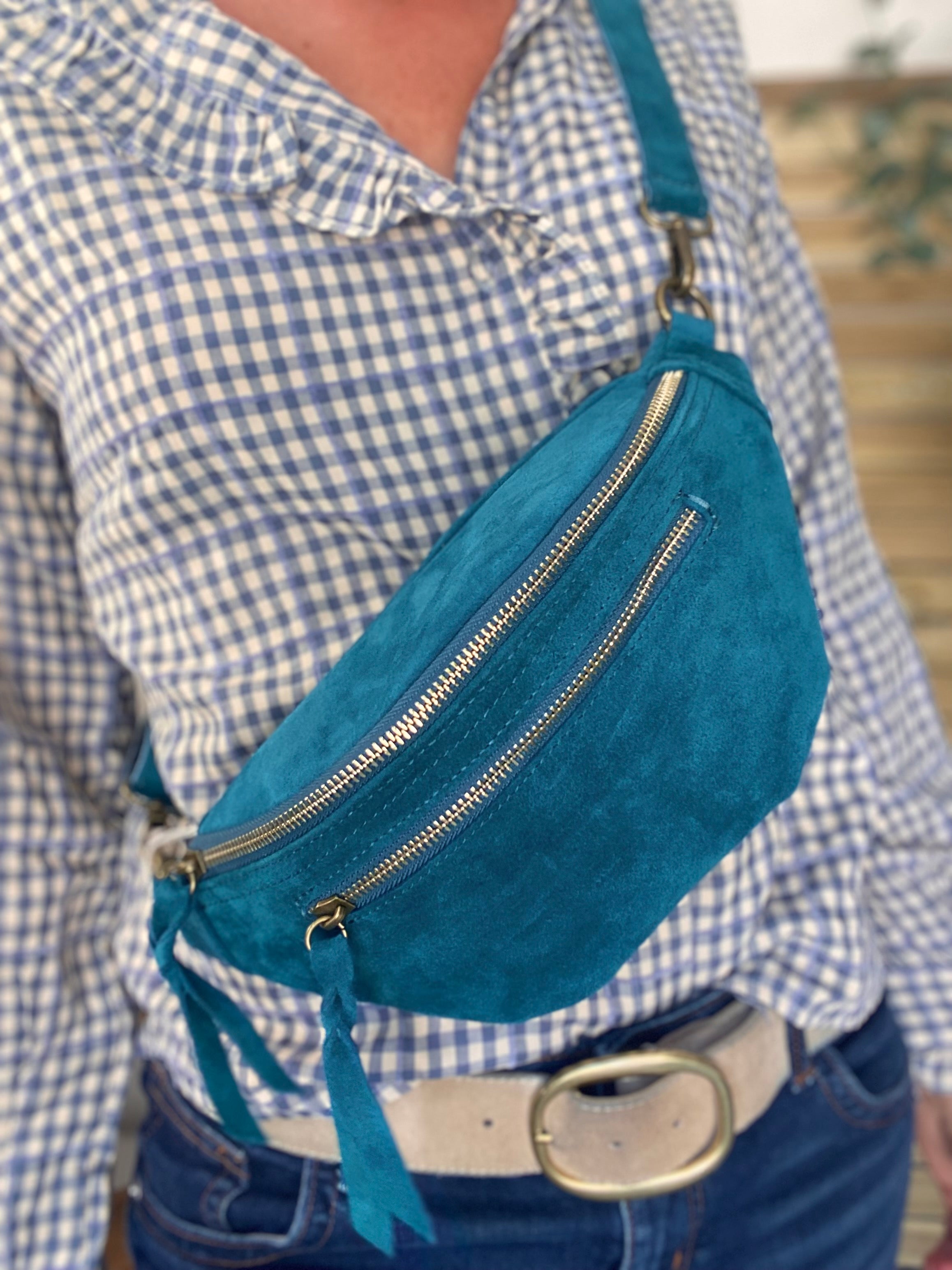 Sac banane double poche en cuir daim - OPALINE - Vert pétrole