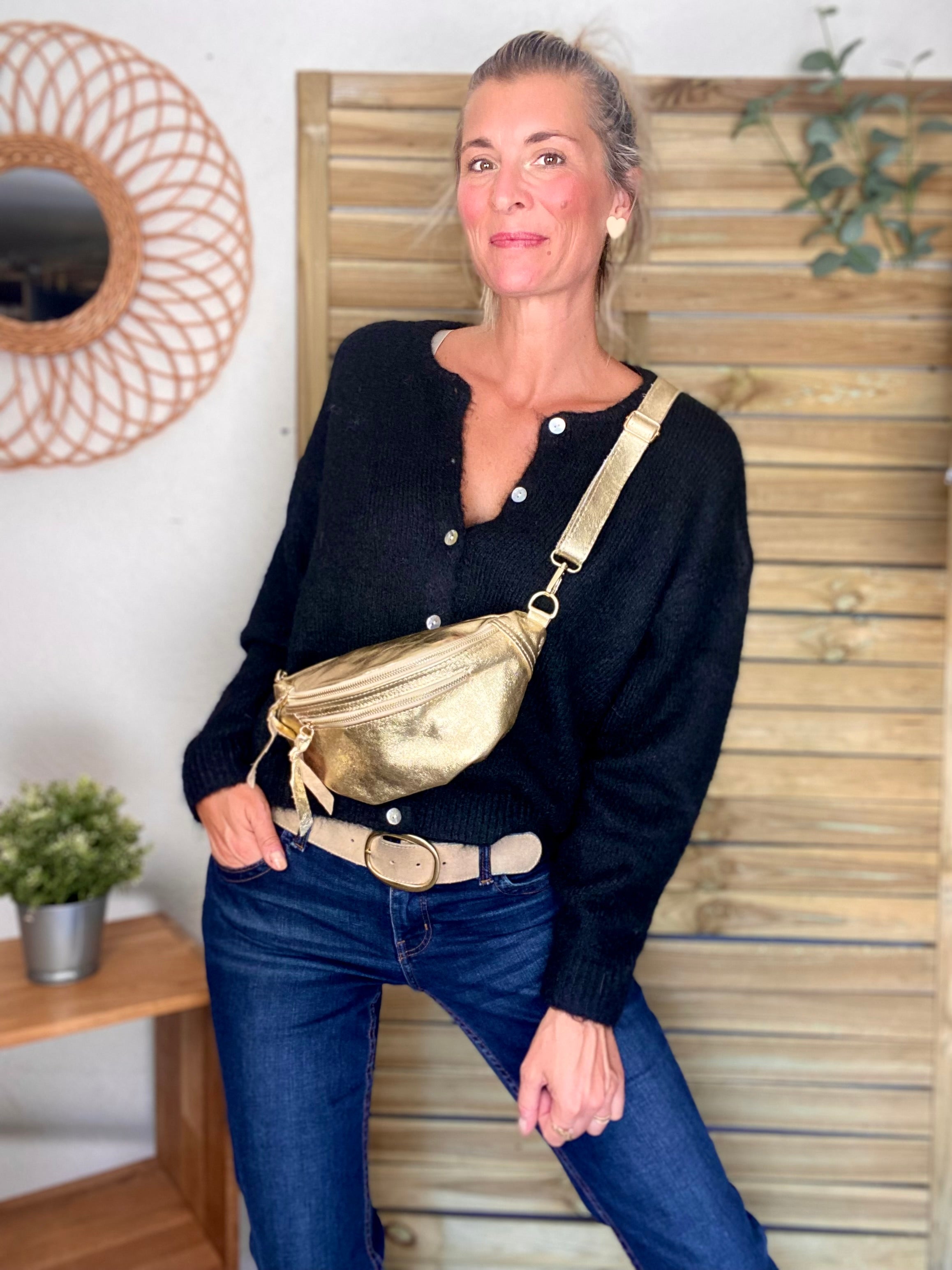 Sac banane en cuir irisé double poche - OPALE - Doré / doré