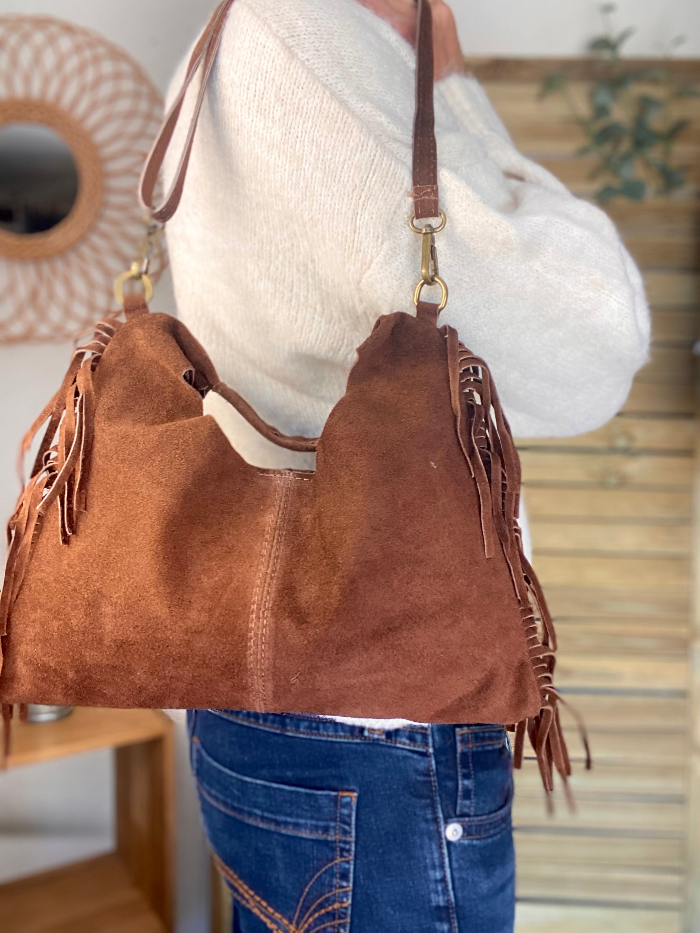 Sac en cuir daim avec franges AARON - Chocolat