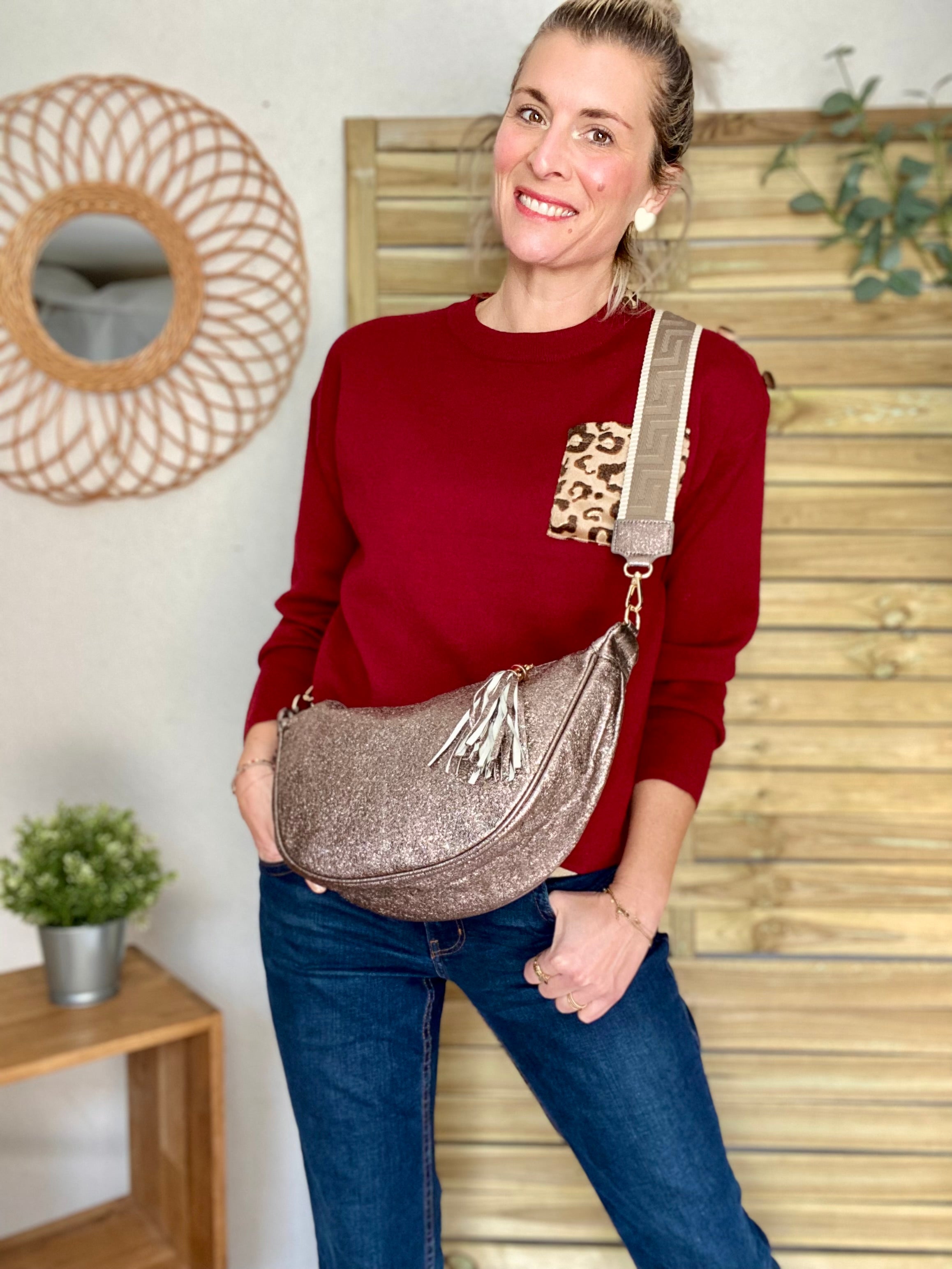 Sac besace demi-lune XL irisé, sangle fantaisie - AMY - Bronze