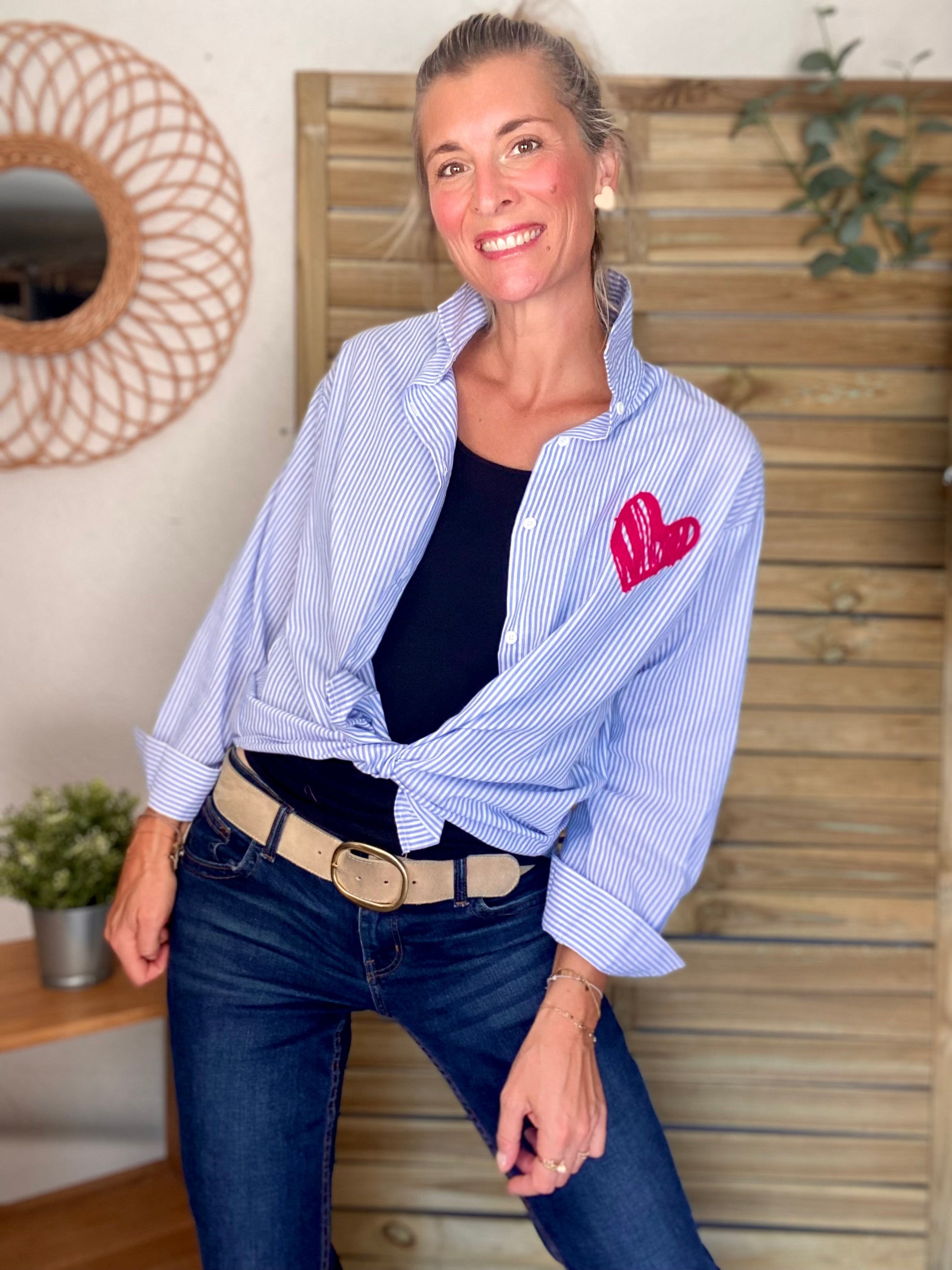 Chemise rayée brodée LOVE multico LANA - Bleue