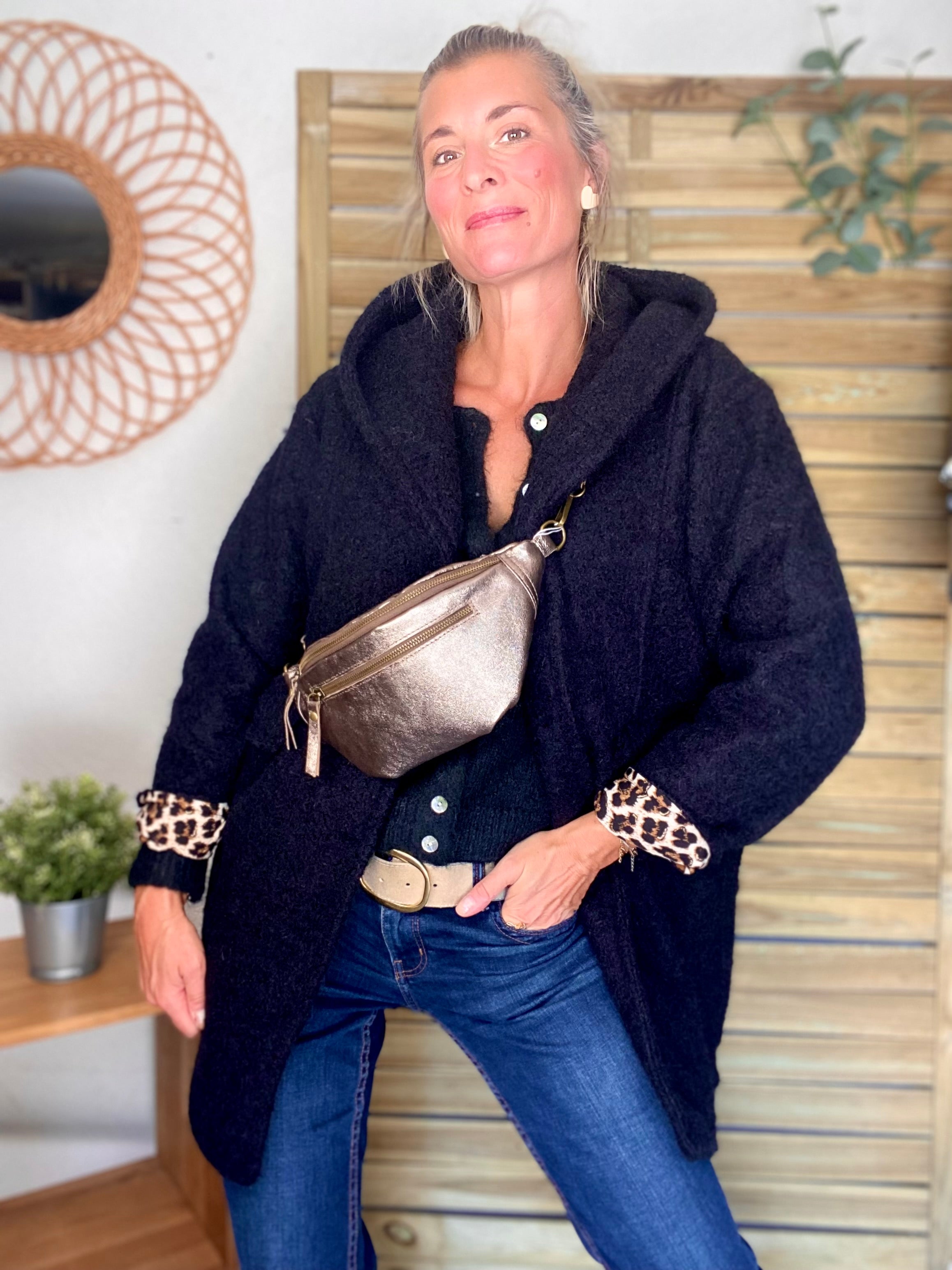 Manteau en laine EUGÉNIE avec détails Léo 🐆 - Noir