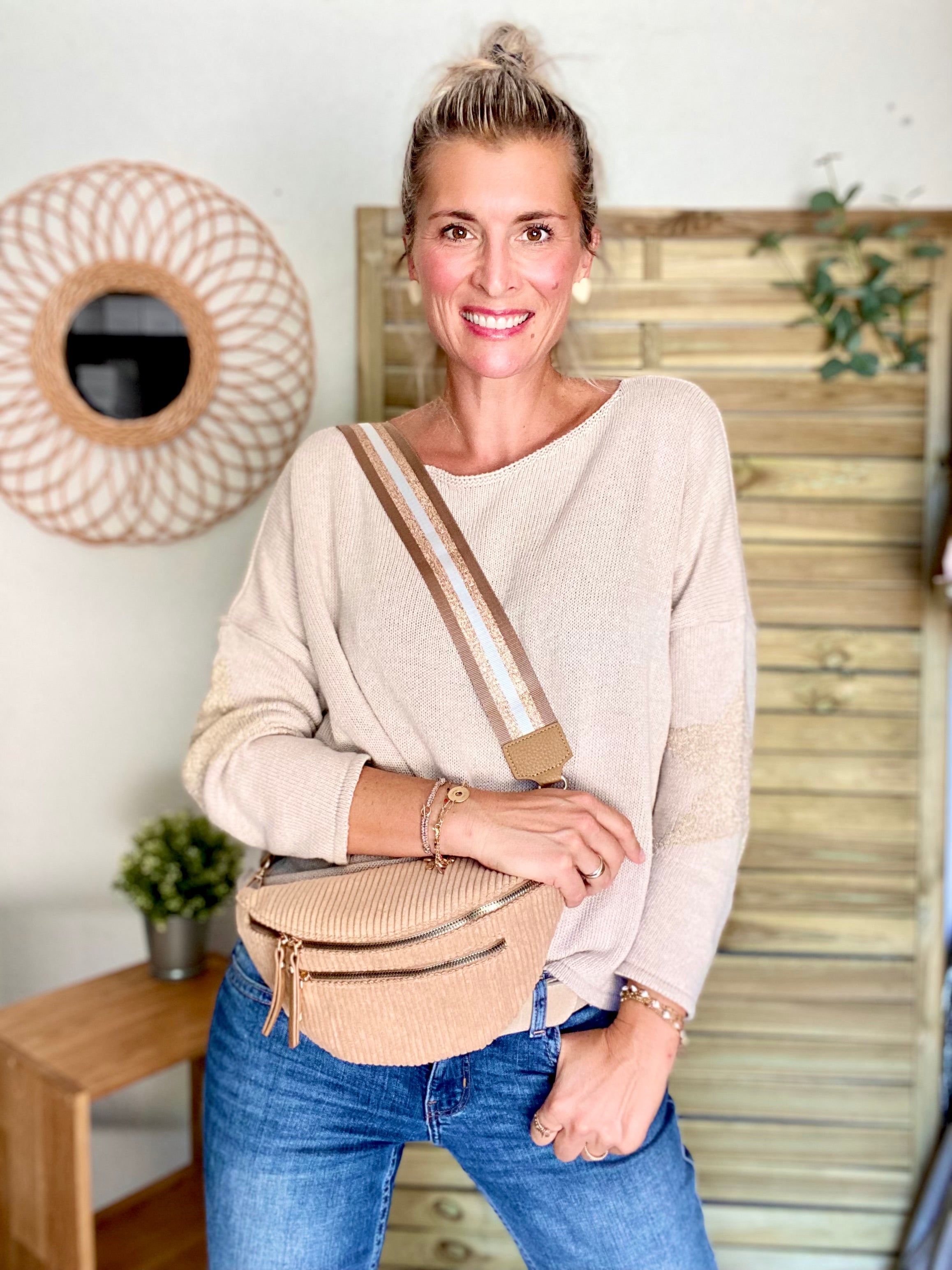 Sac banane en velours côtelé 2 zips et sangle fantaisie - CHARLY - Camel clair (côtelé large)