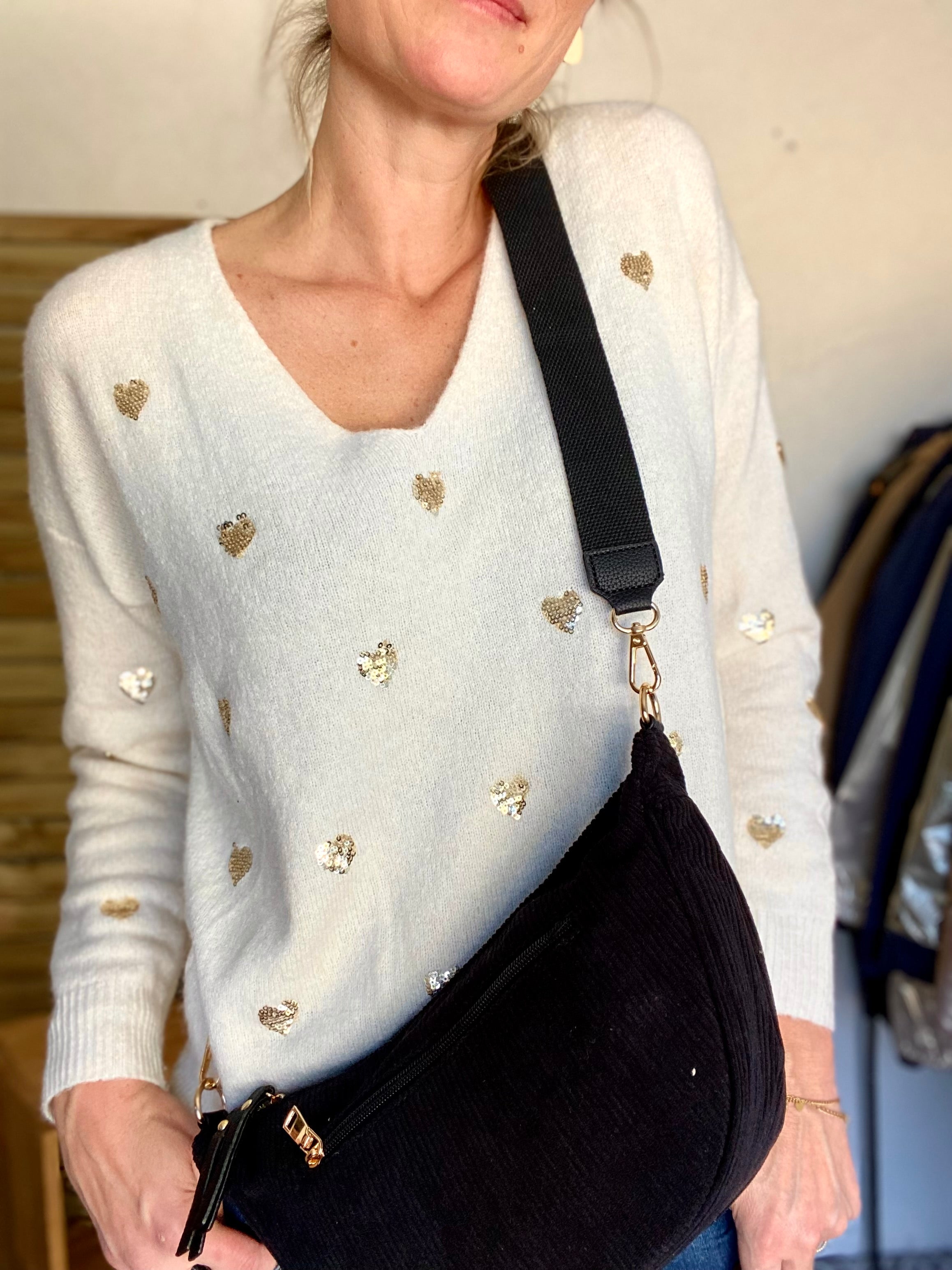Sac besace demi-lune XL velours côtelé - AMY - Noir