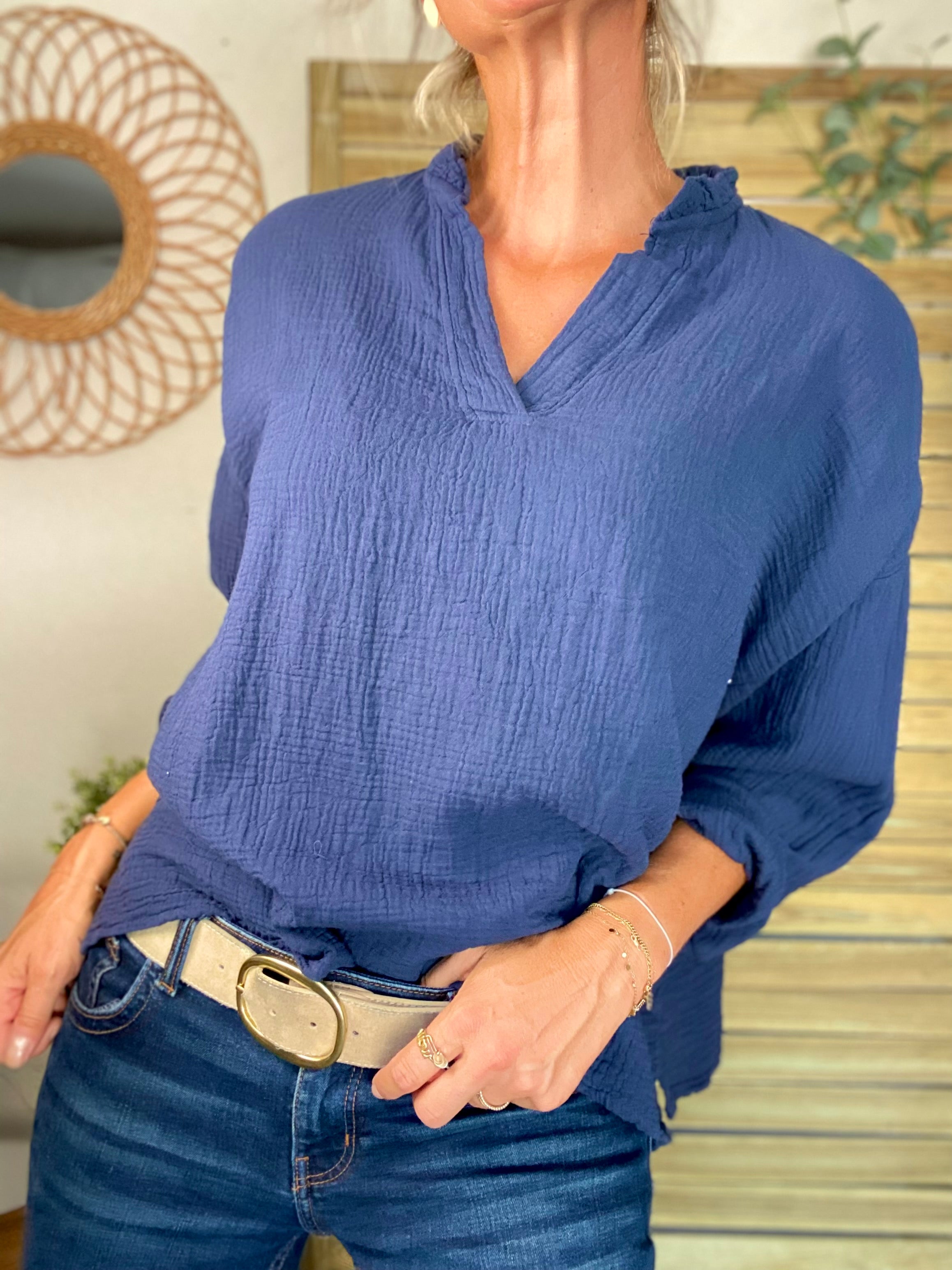 Blouse en gaze de coton SIERRA Bleu marine - manches longues