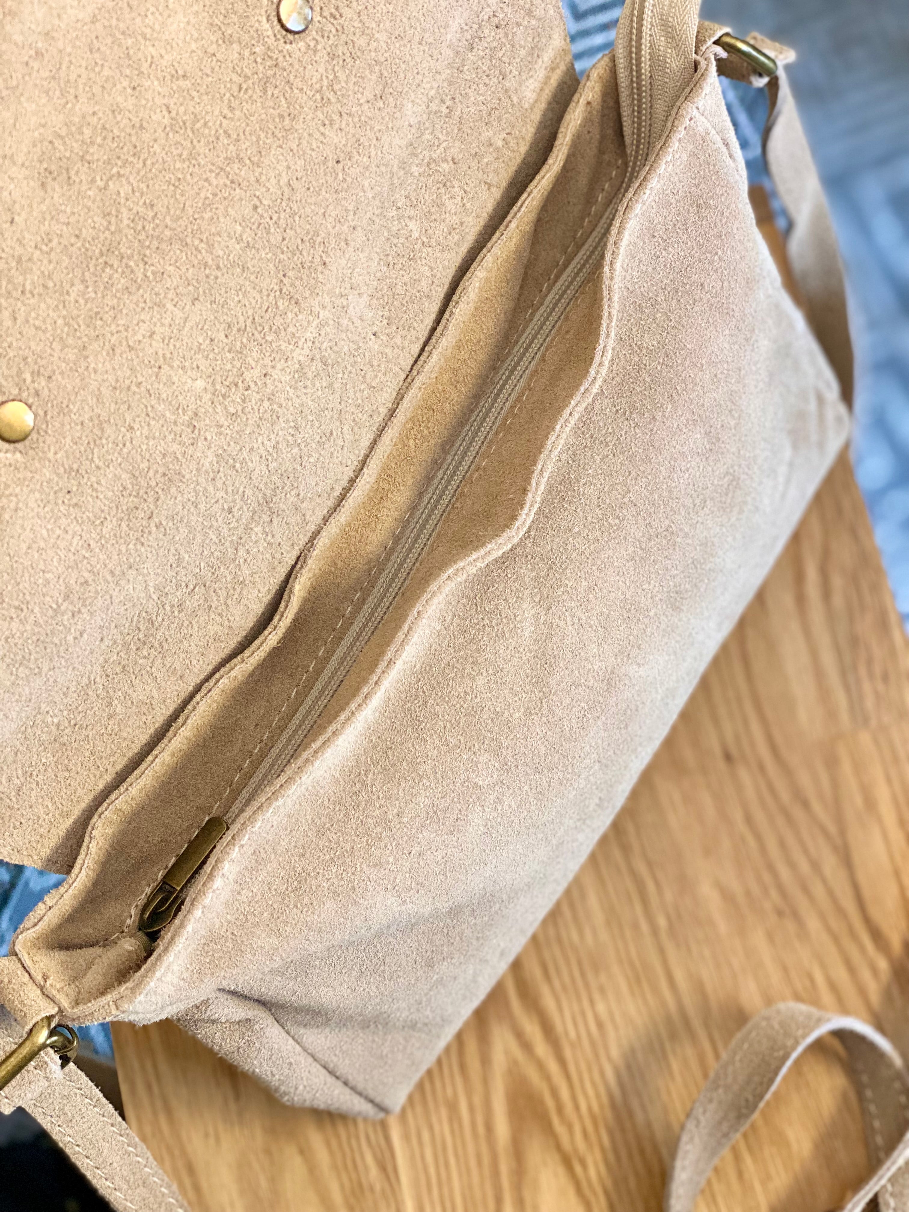 Sac bandoulière en cuir daim et irisé ESMÉE - Beige Doré