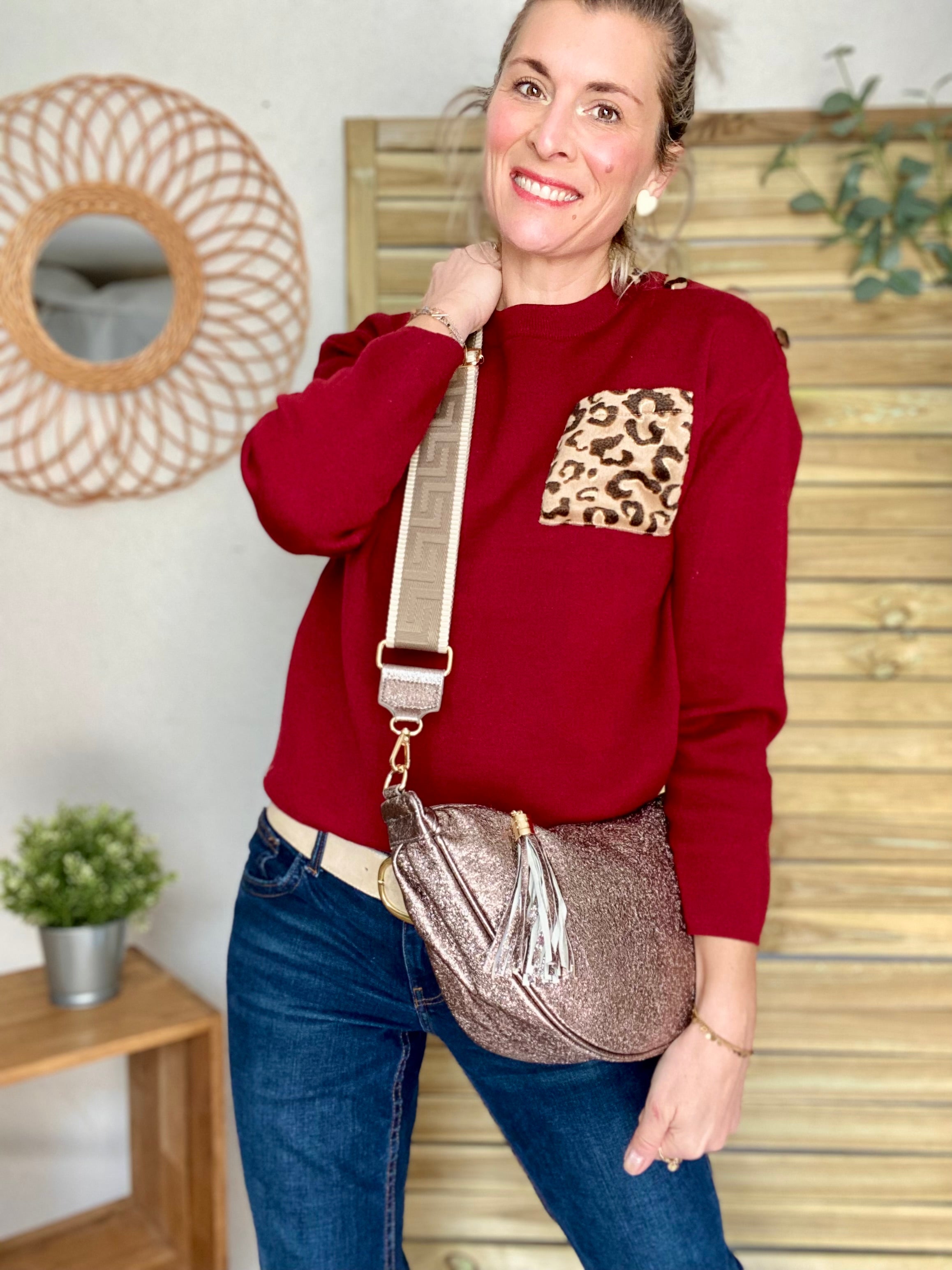 Sac besace demi-lune XL irisé, sangle fantaisie - AMY - Bronze