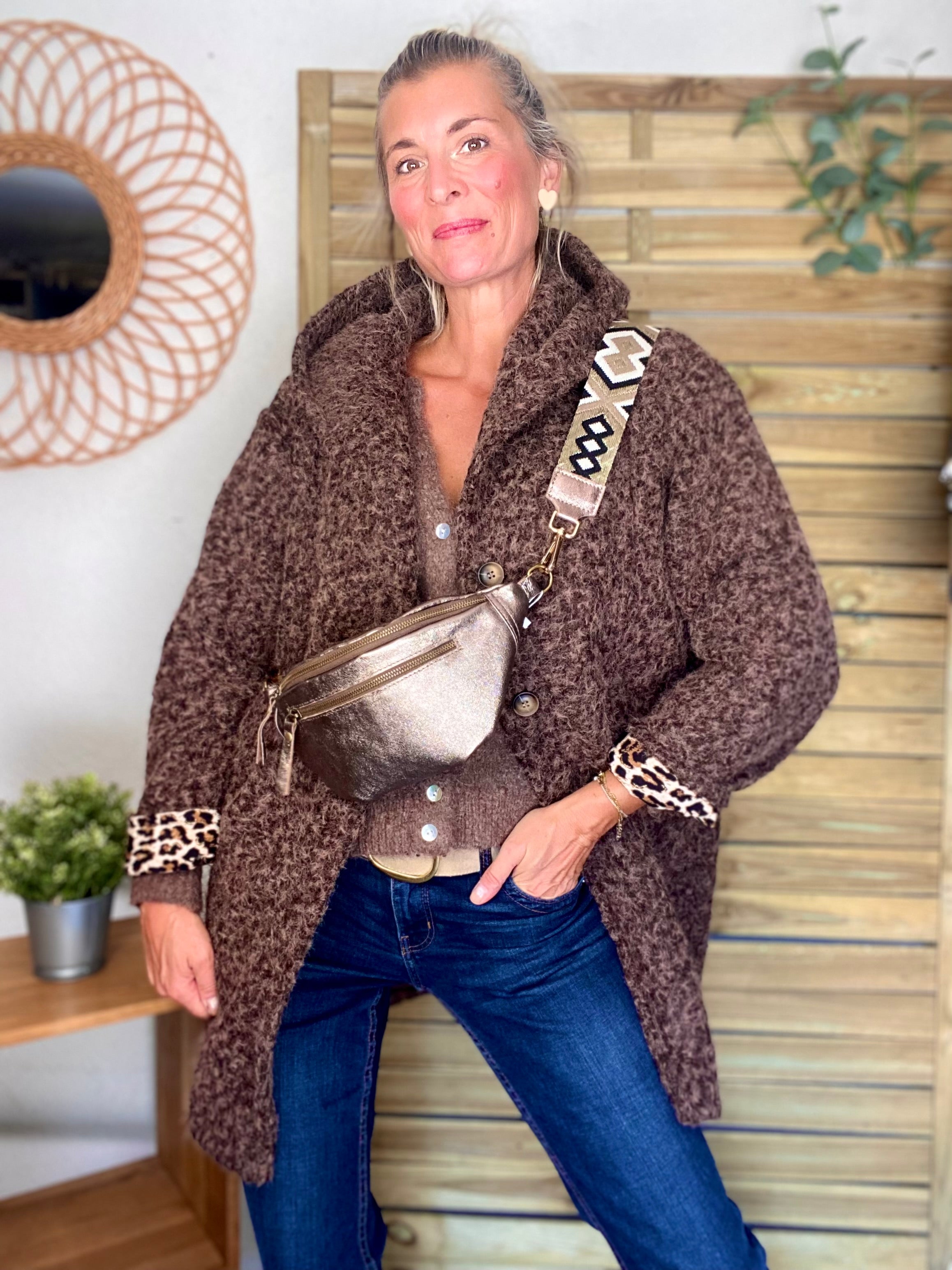 Sac banane en cuir irisé double poche - OPALE - Bronze / étain