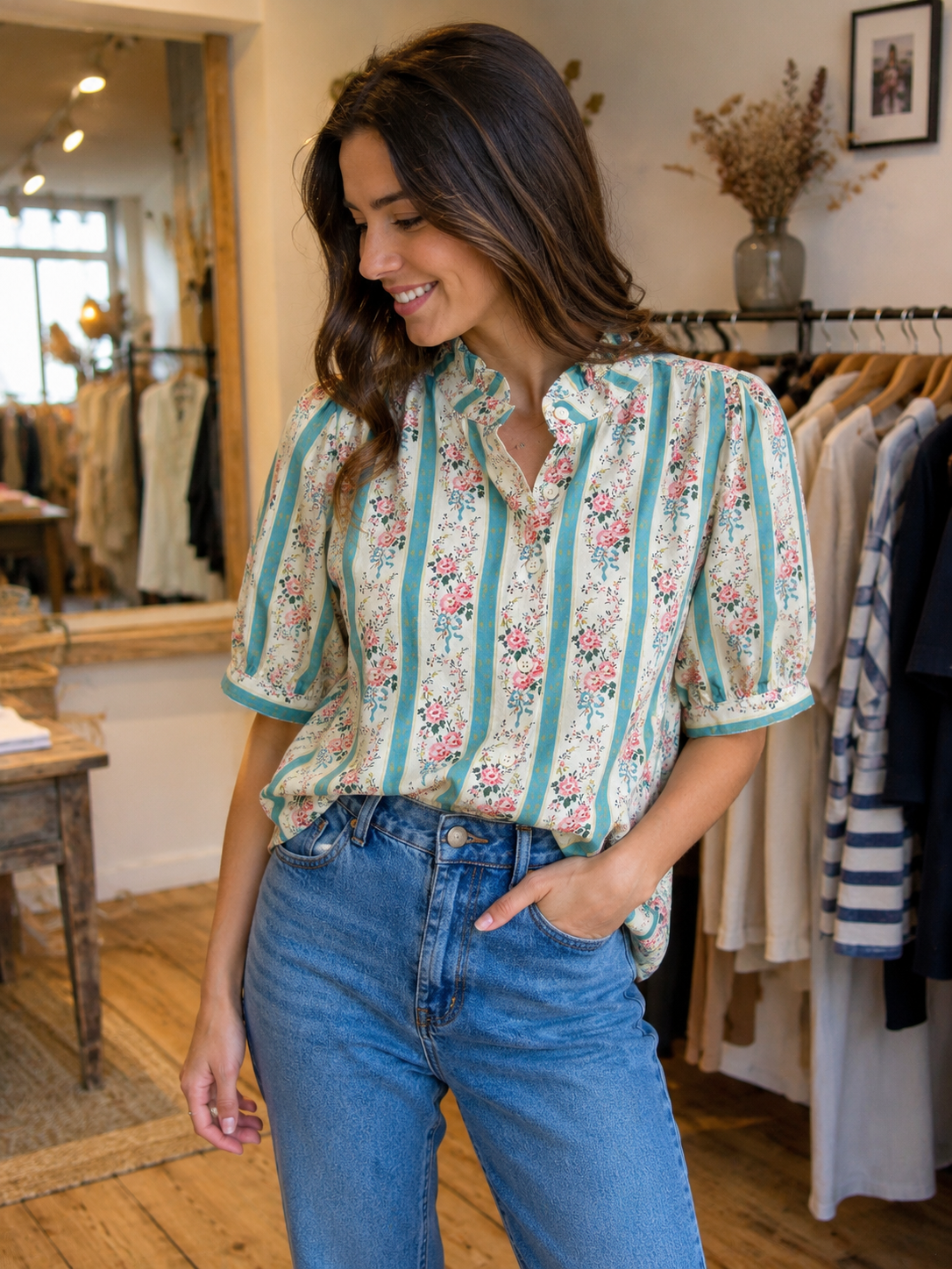 Blouse fleurie rayures VALENTINE vert céladon