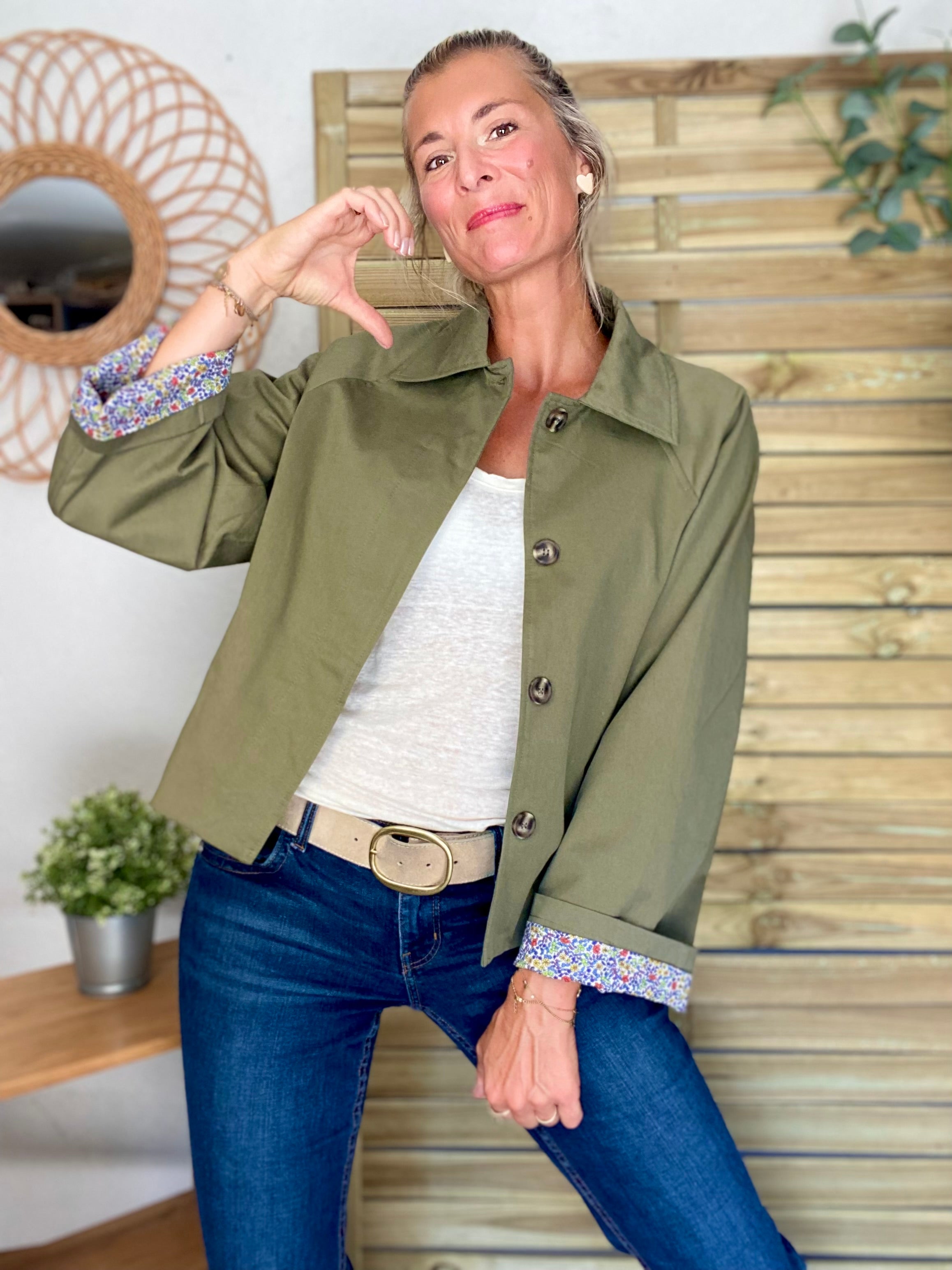 Veste Trench en coton kaki avec Liberty - MAHAUT