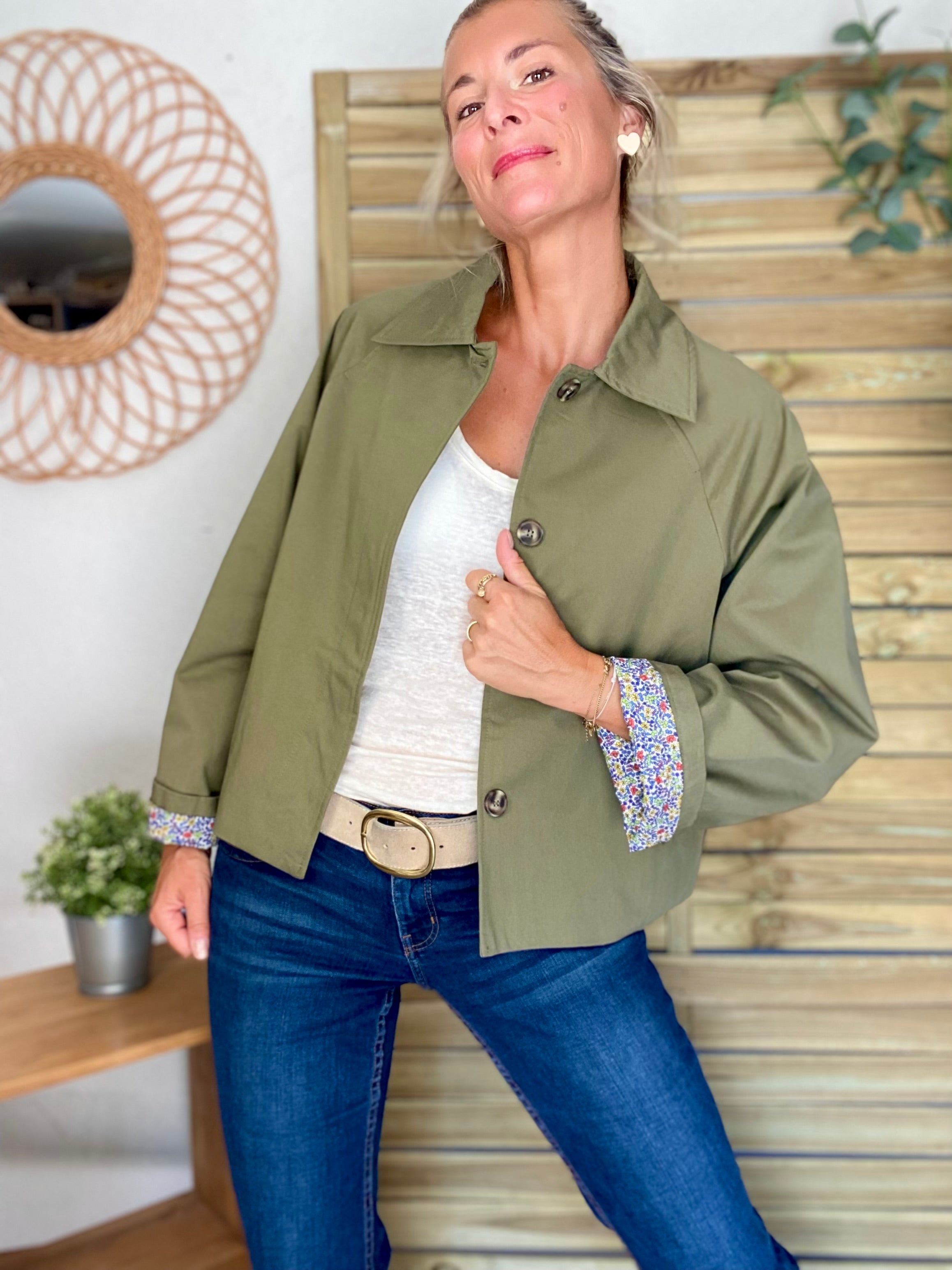 Veste Trench en coton kaki avec Liberty - MAHAUT