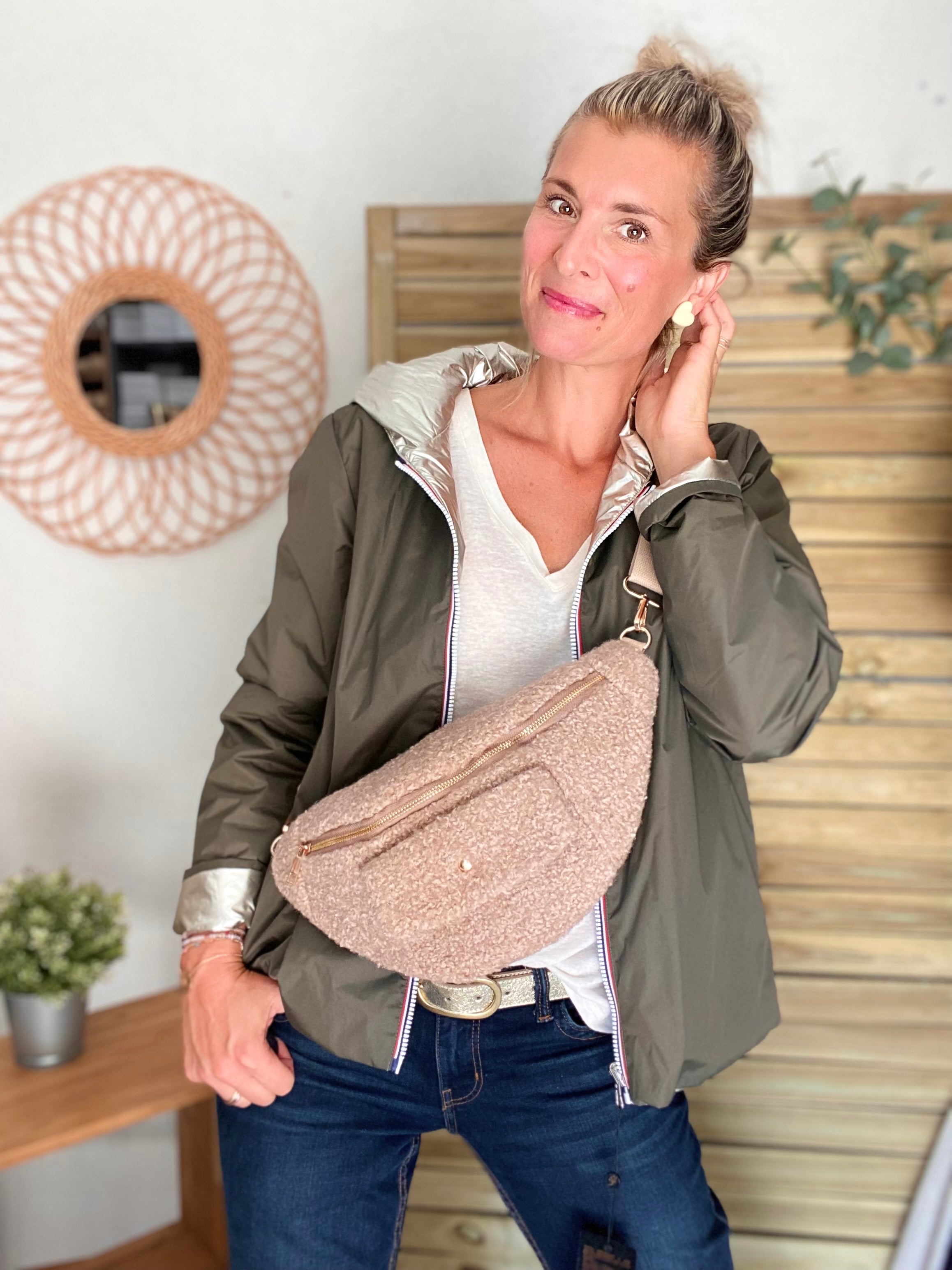 Sac banane XL moumoute lurex avec poche avant - CHELSEA - Beige taupe