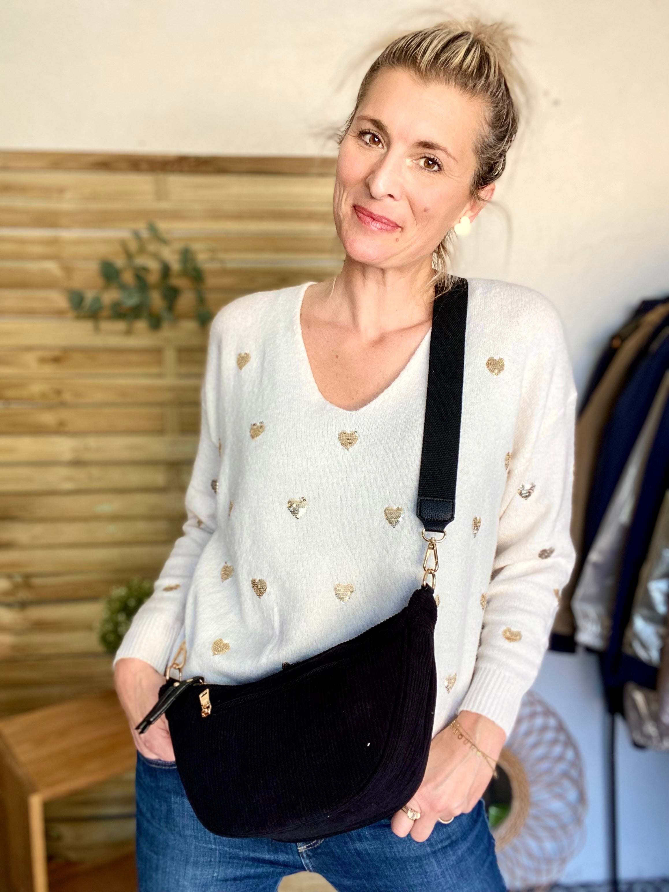 Sac besace demi-lune XL velours côtelé - AMY - Noir