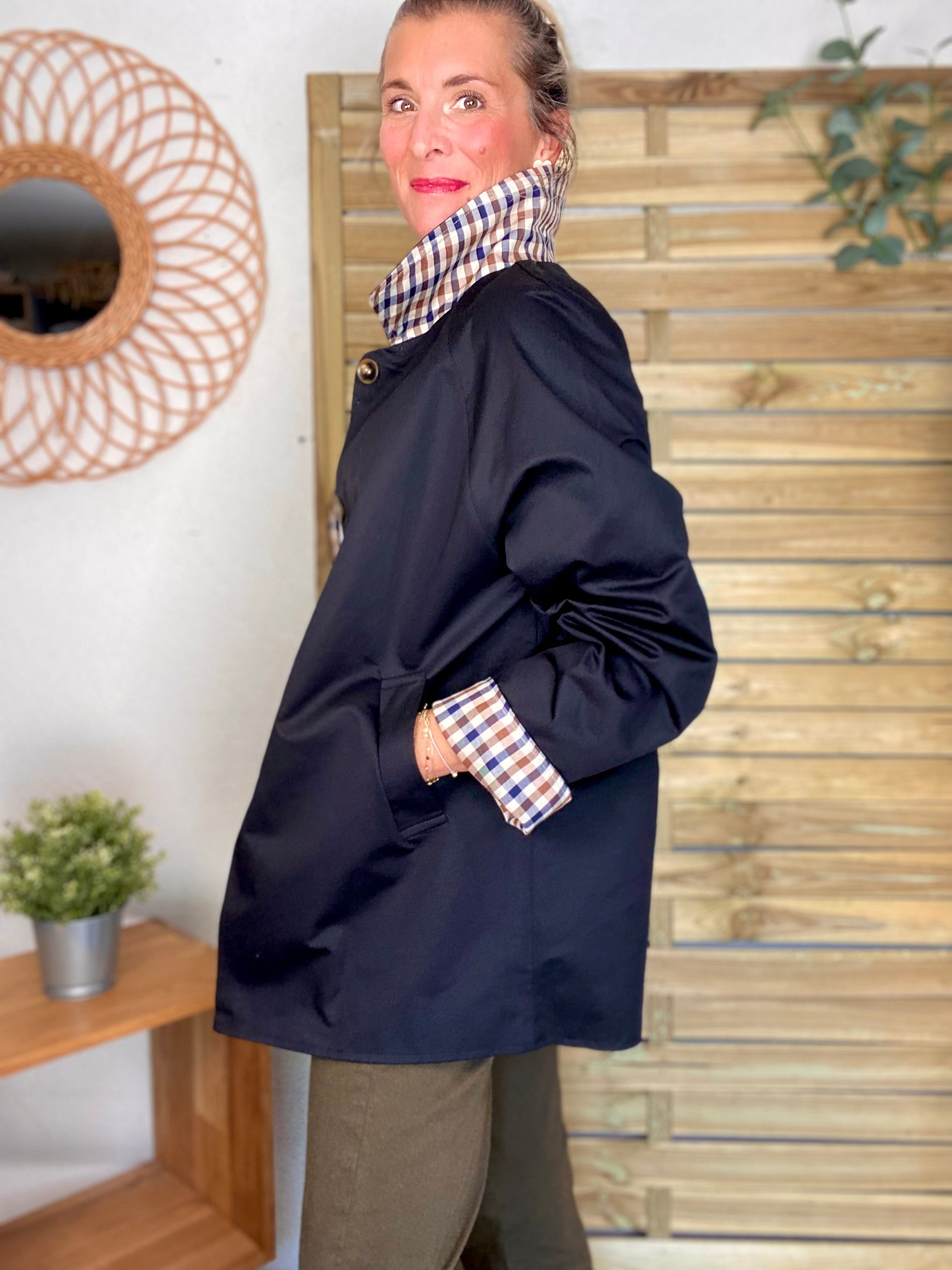 Veste Trench mi long réversible vichy LENA - Noir