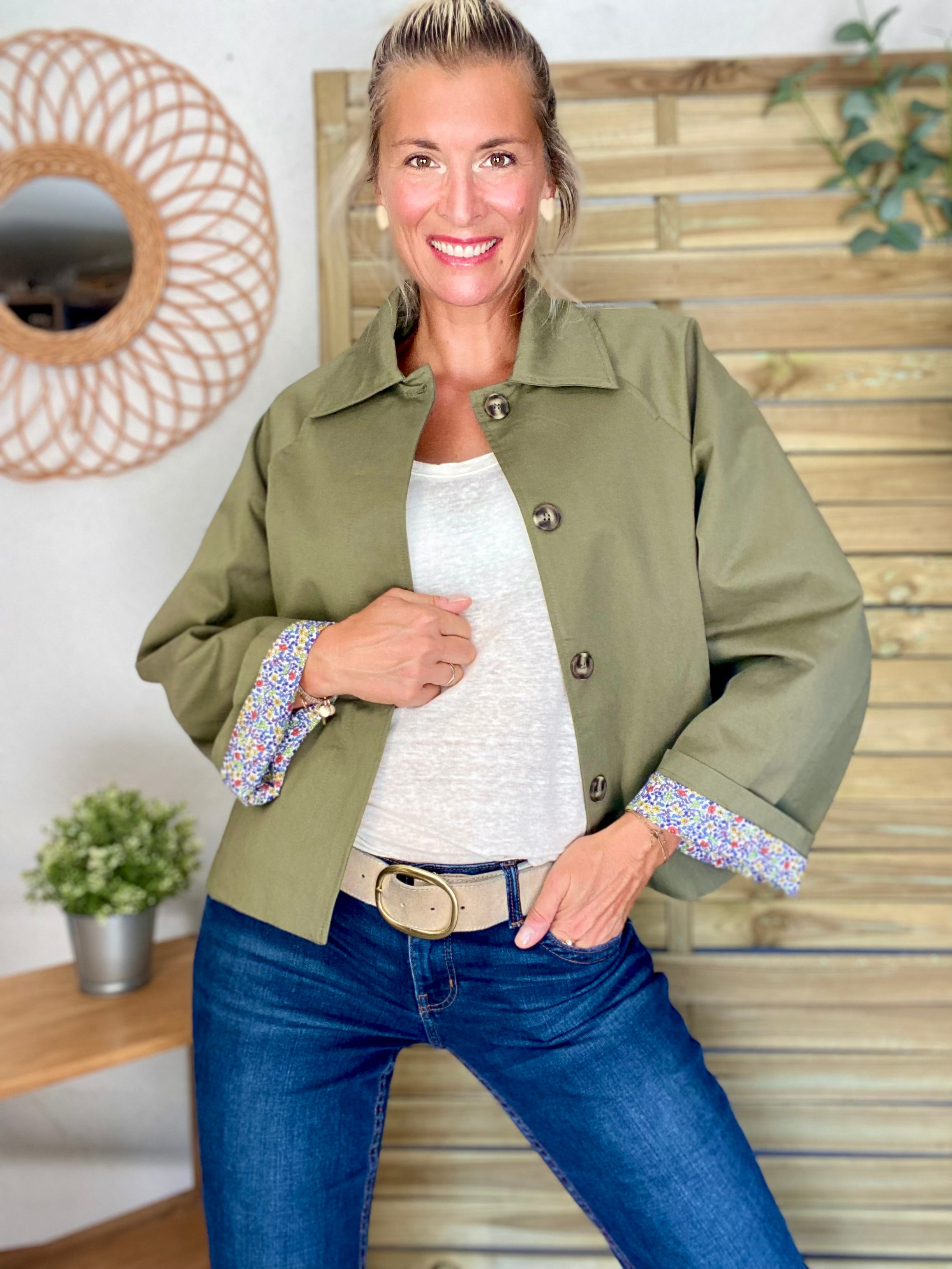 Veste Trench en coton kaki avec Liberty - MAHAUT