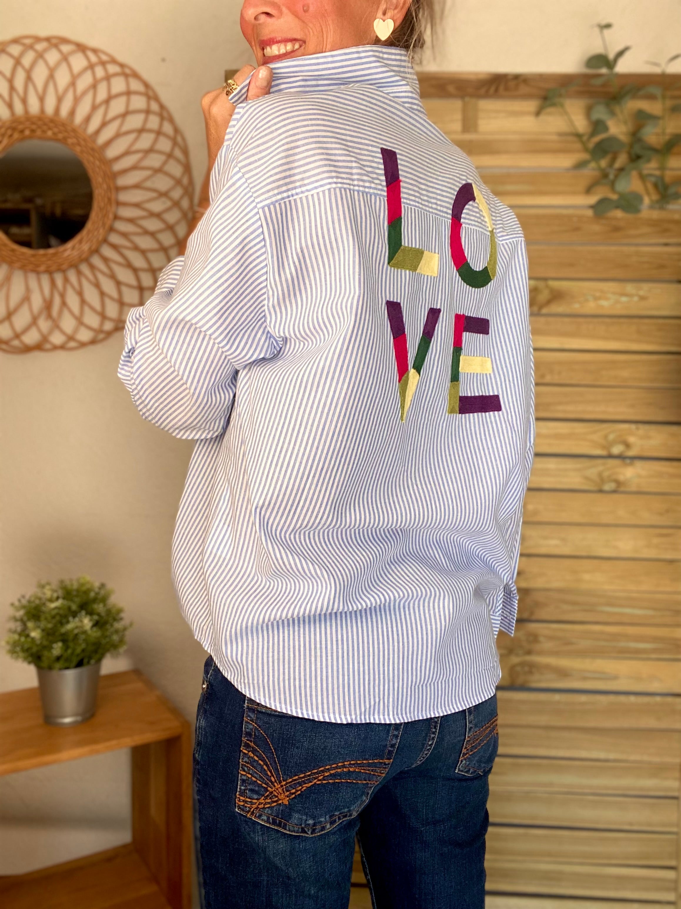 Chemise rayée brodée LOVE multico LANA - Bleue