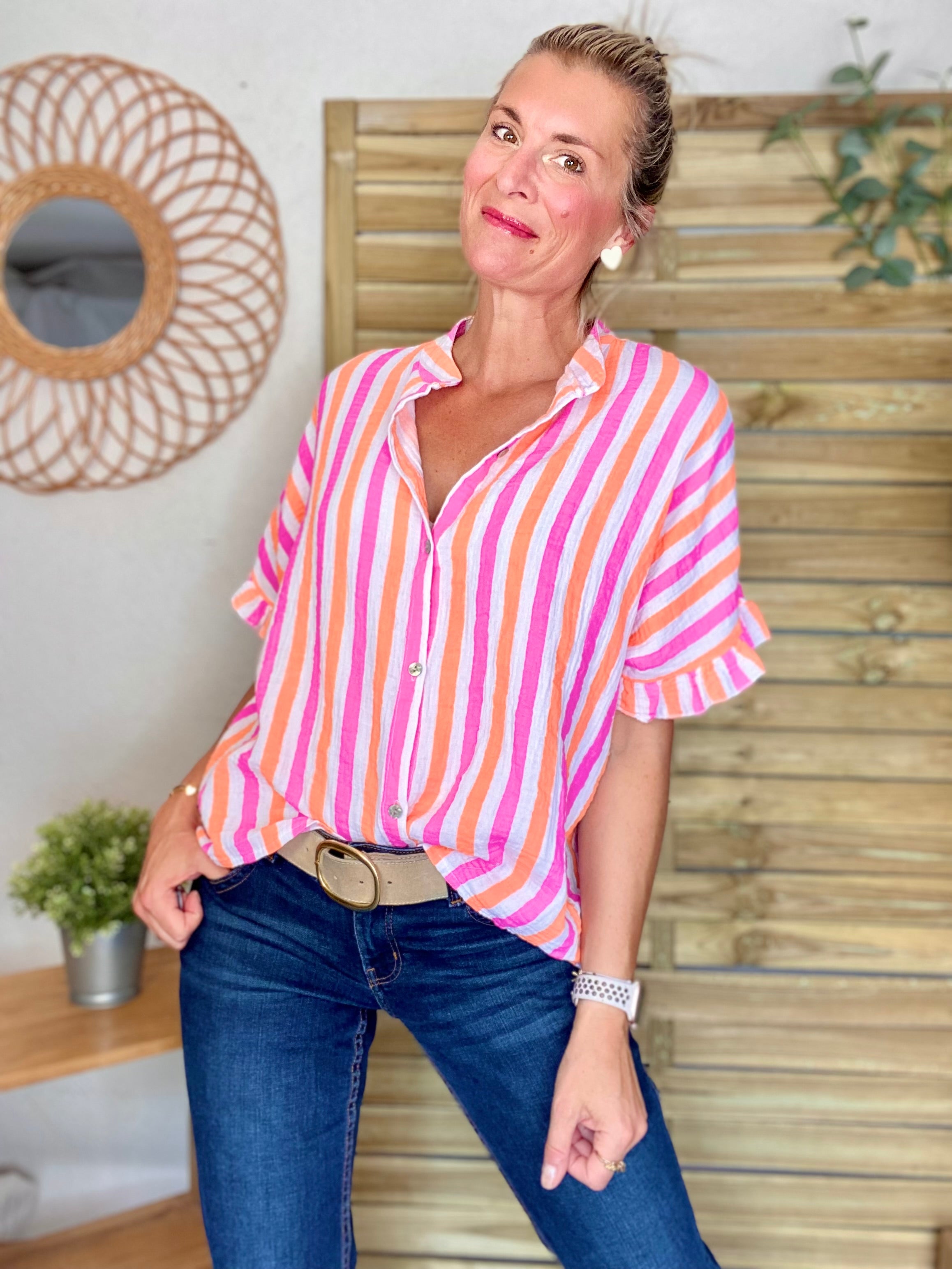 Chemise oversize rayée orange et fuschia en gaze de coton FÉLICIE