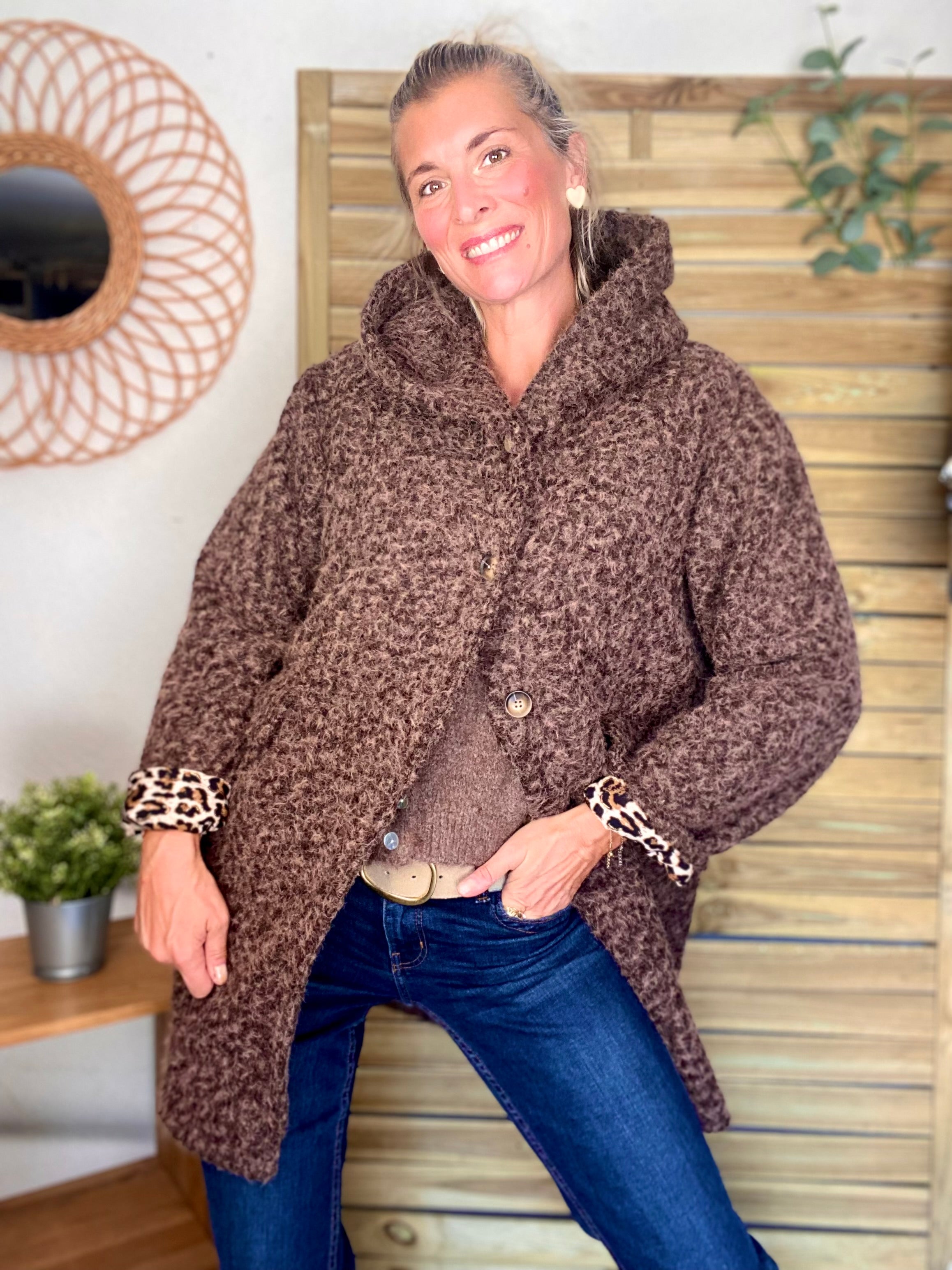Manteau en laine EUGÉNIE avec détails Léo 🐆 - Chocolat