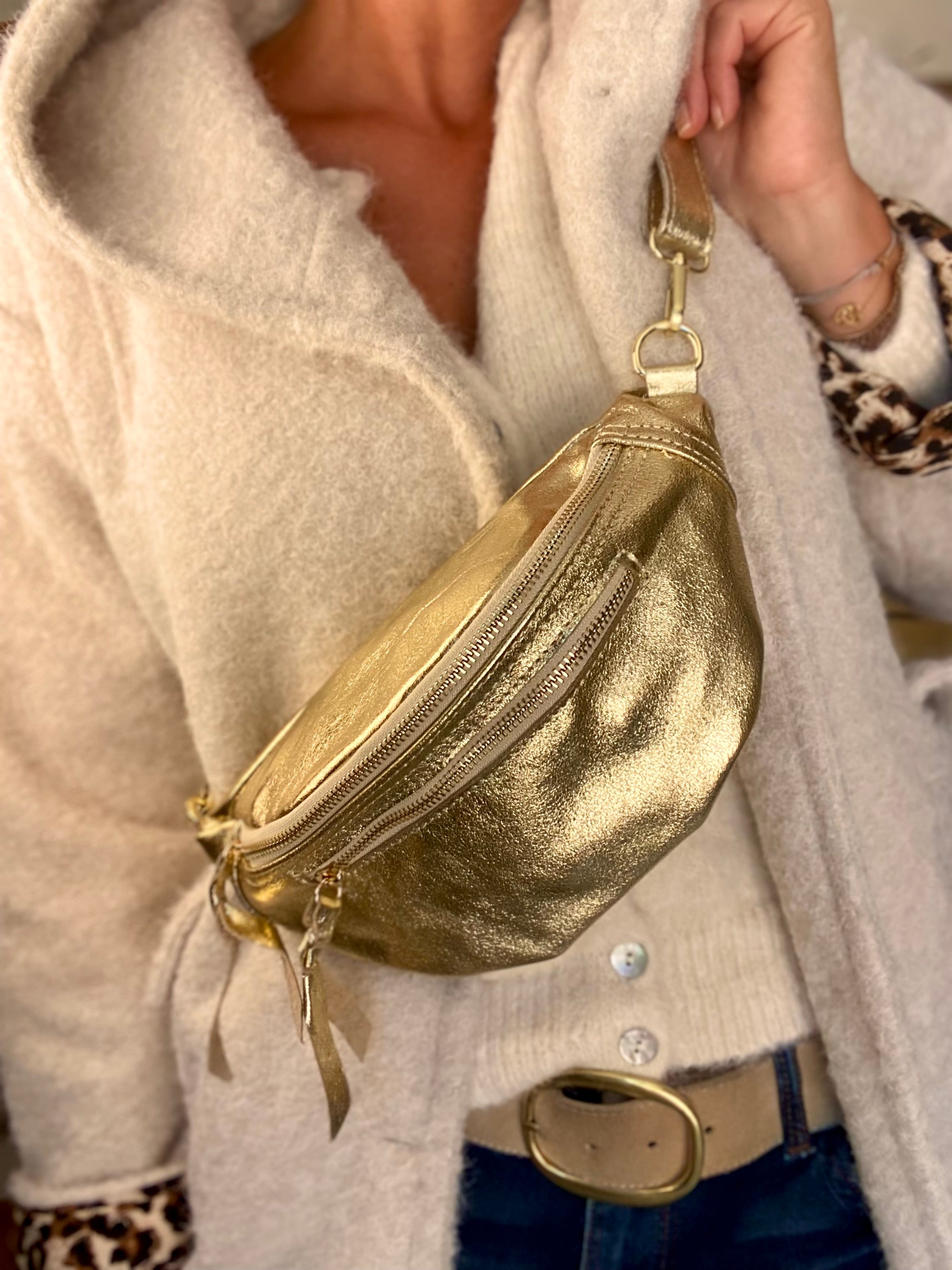 Sac banane en cuir irisé double poche - OPALE - Doré / doré