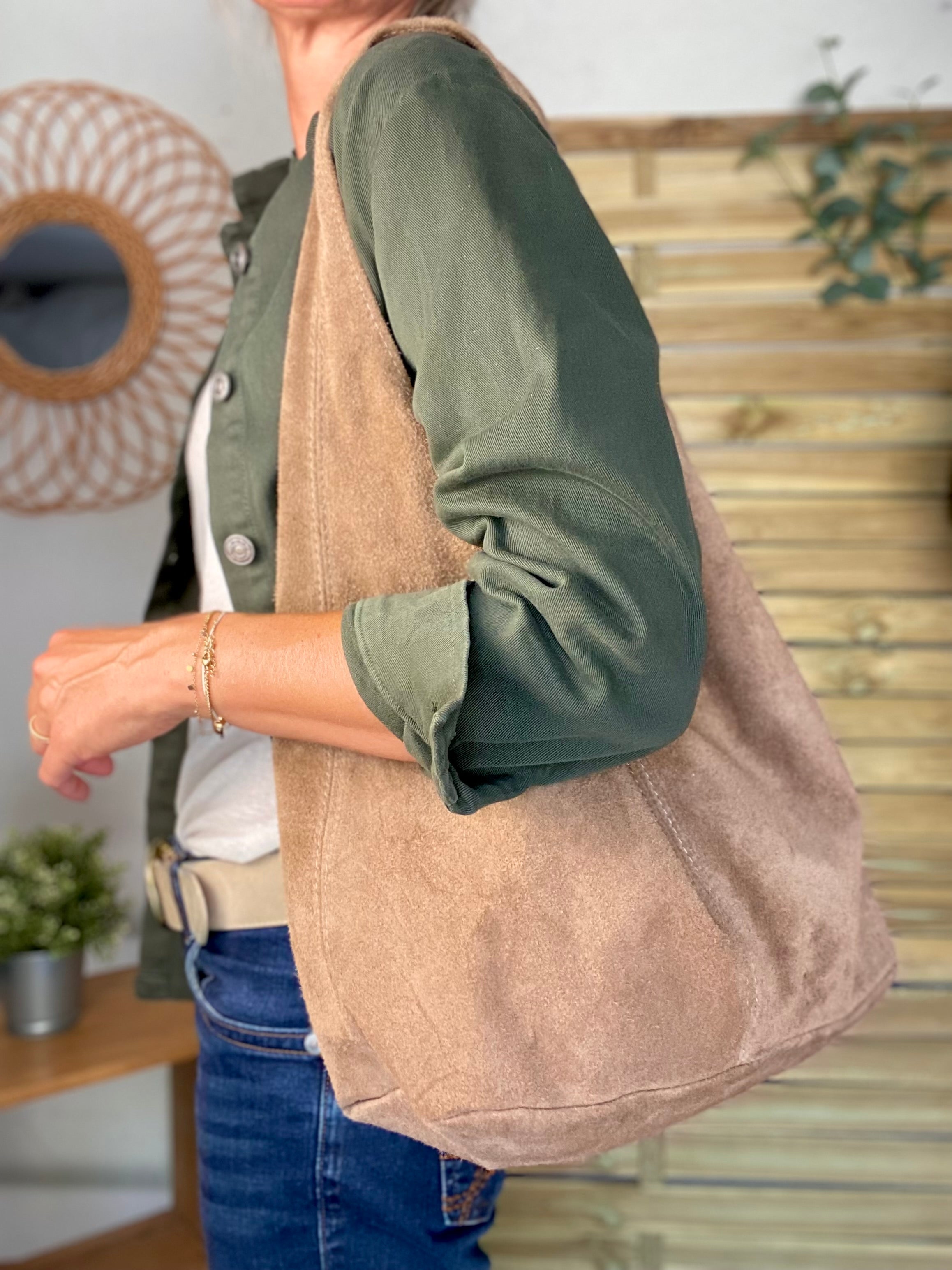 Sac cabas cuir daim MARLON - Beige taupe