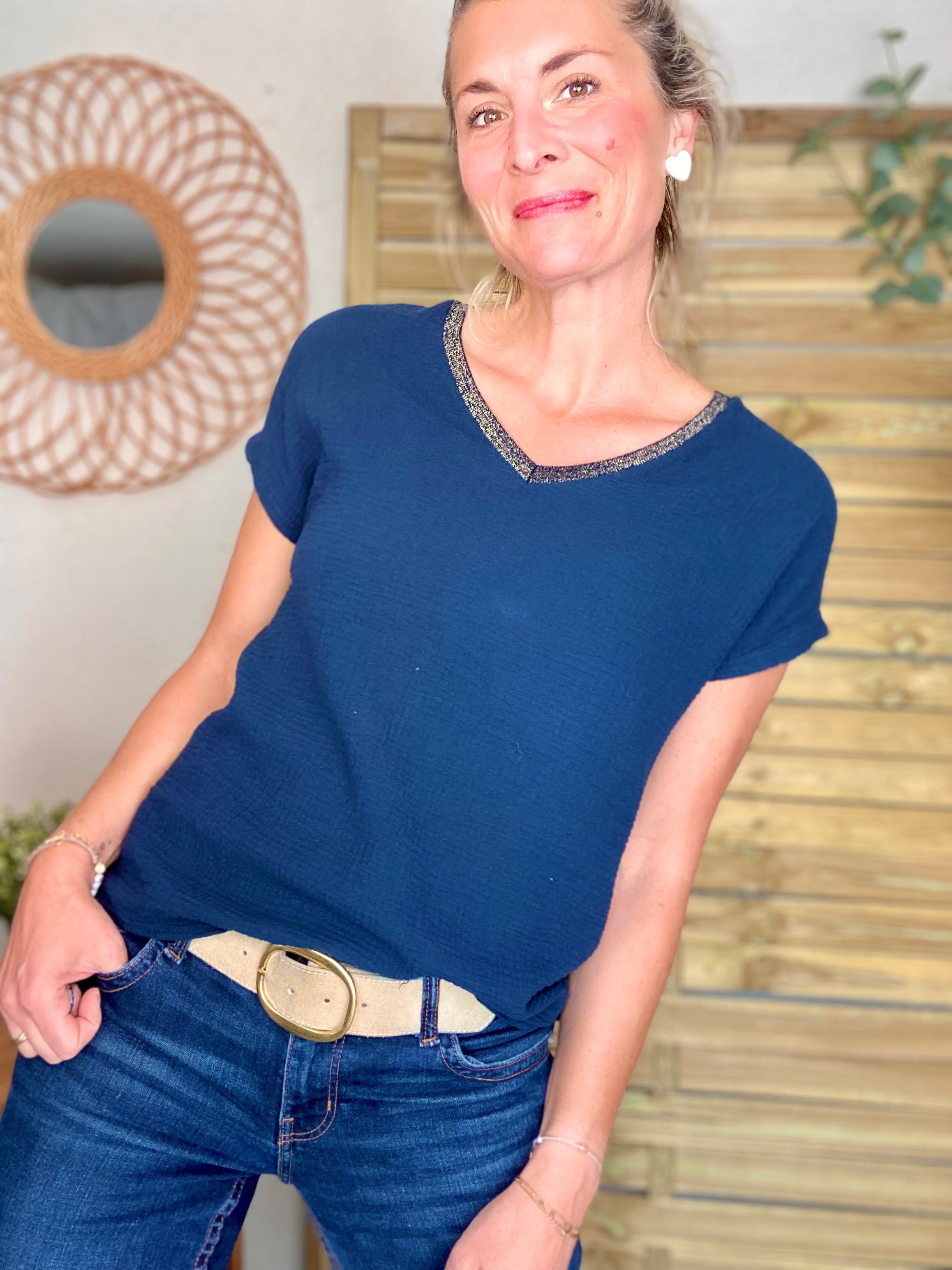 Précommande Expédition mi mai - Top en gaze de coton et lurex MARTA - Bleu marine