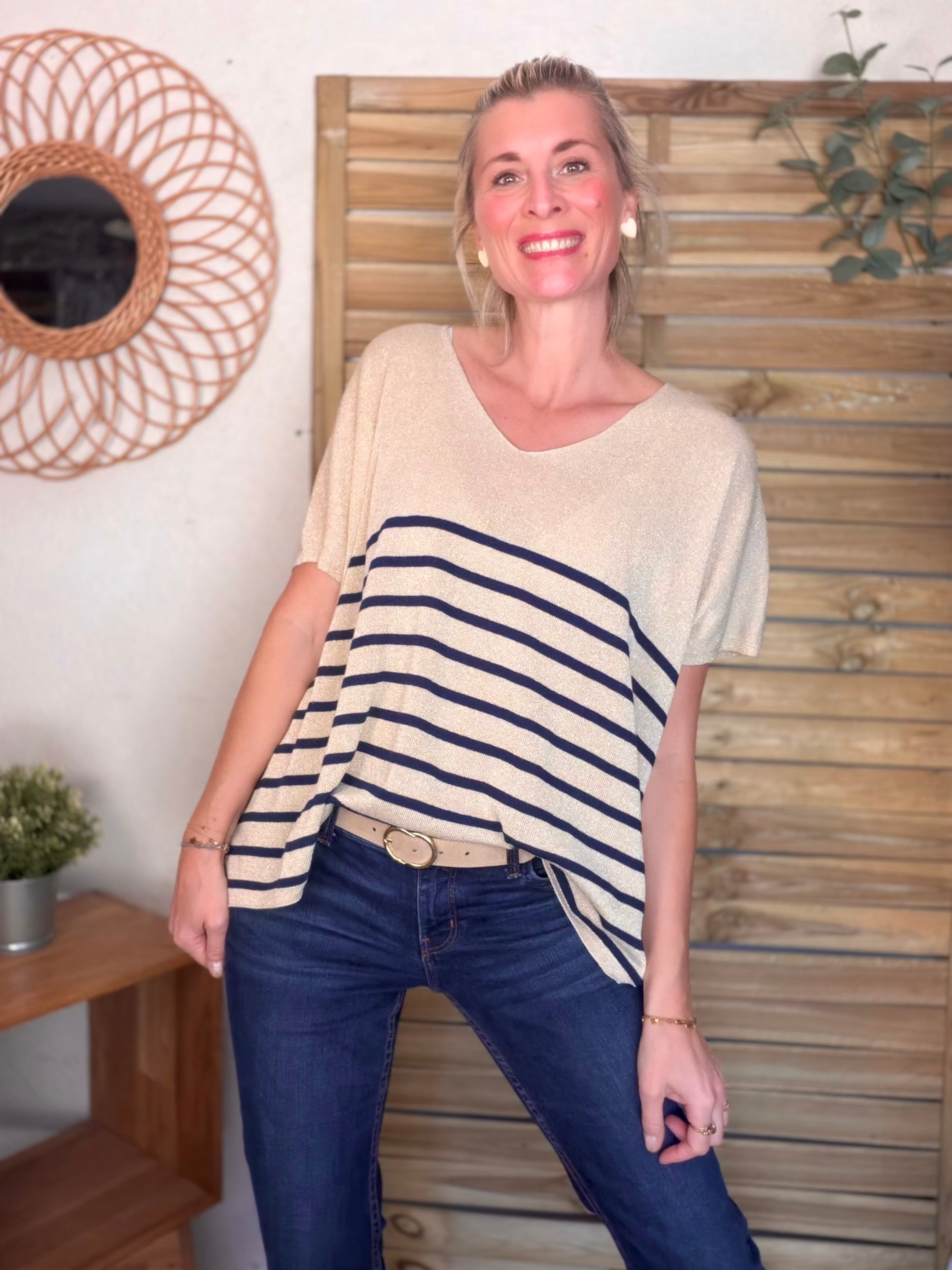 Top maille lurex col V IRINA Bleu marine