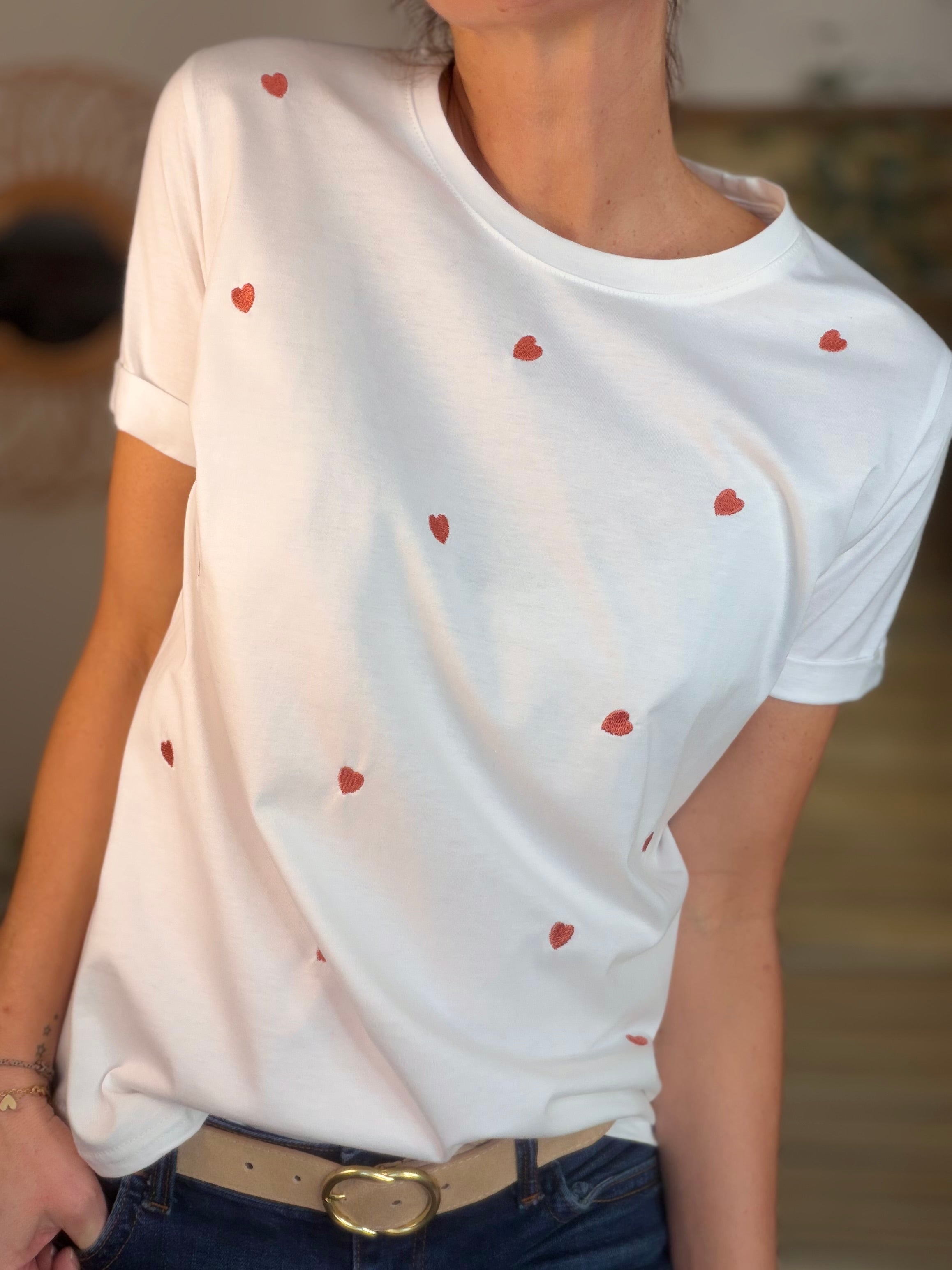 *** IMPERFECTION - Tee shirt cœurs brodés cuivre rosé 🩷 TESSA (Taille L)