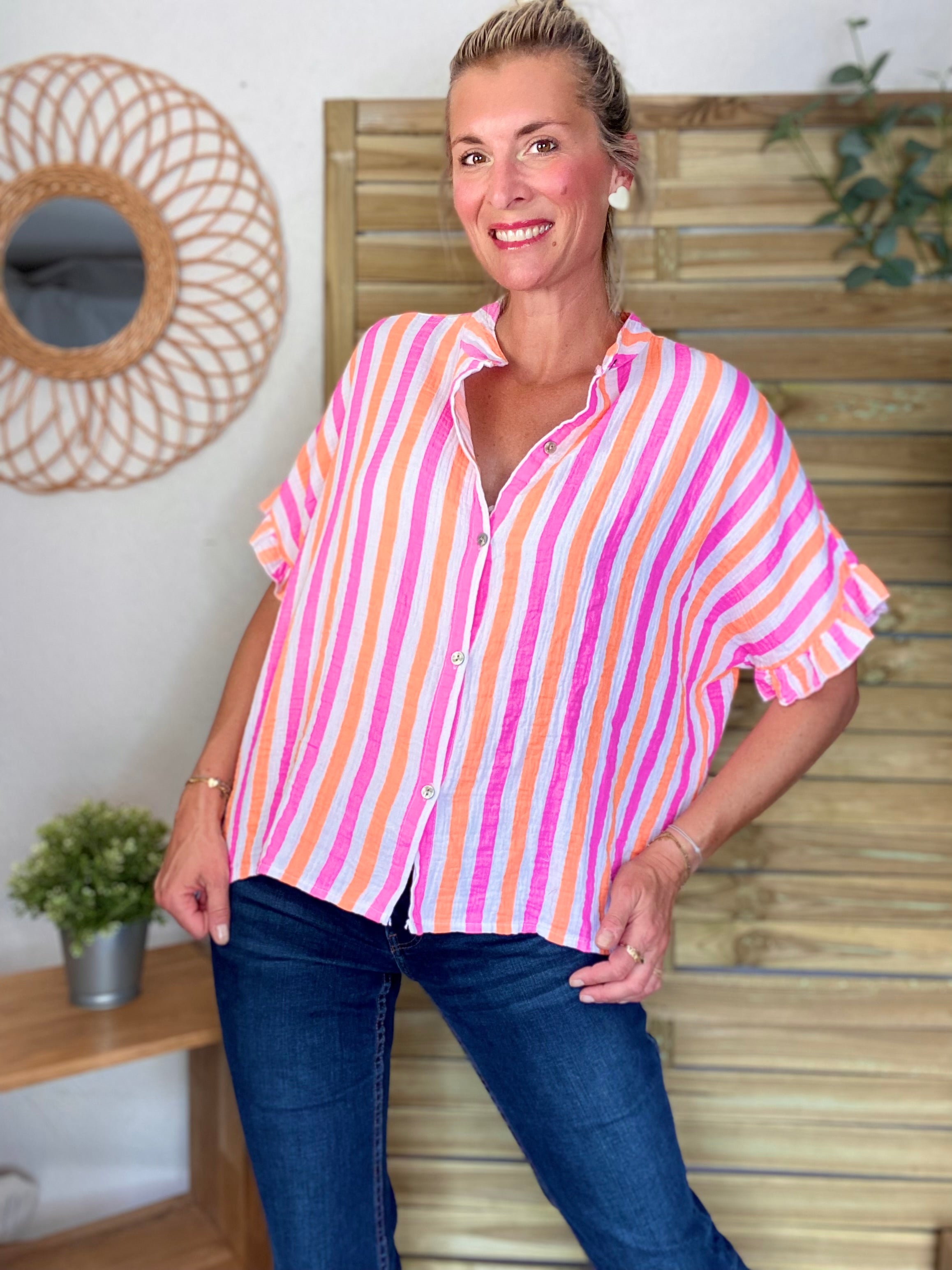 Chemise oversize rayée orange et fuschia en gaze de coton FÉLICIE