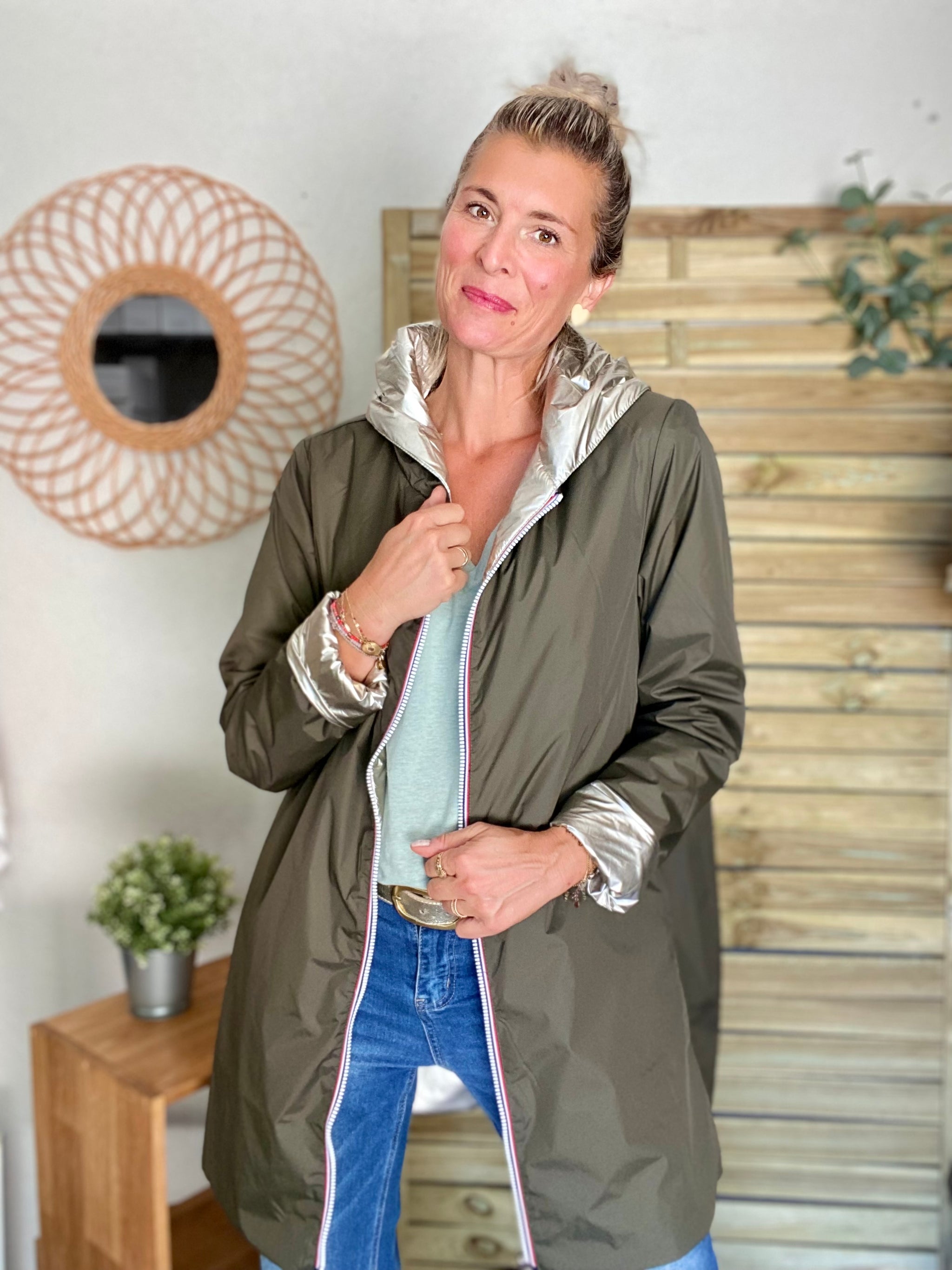 Imperméable rembourré mi-saison Laura Jo - Mandy long kaki/doré - DÉSTOCKAGE taille M, XL et 48
