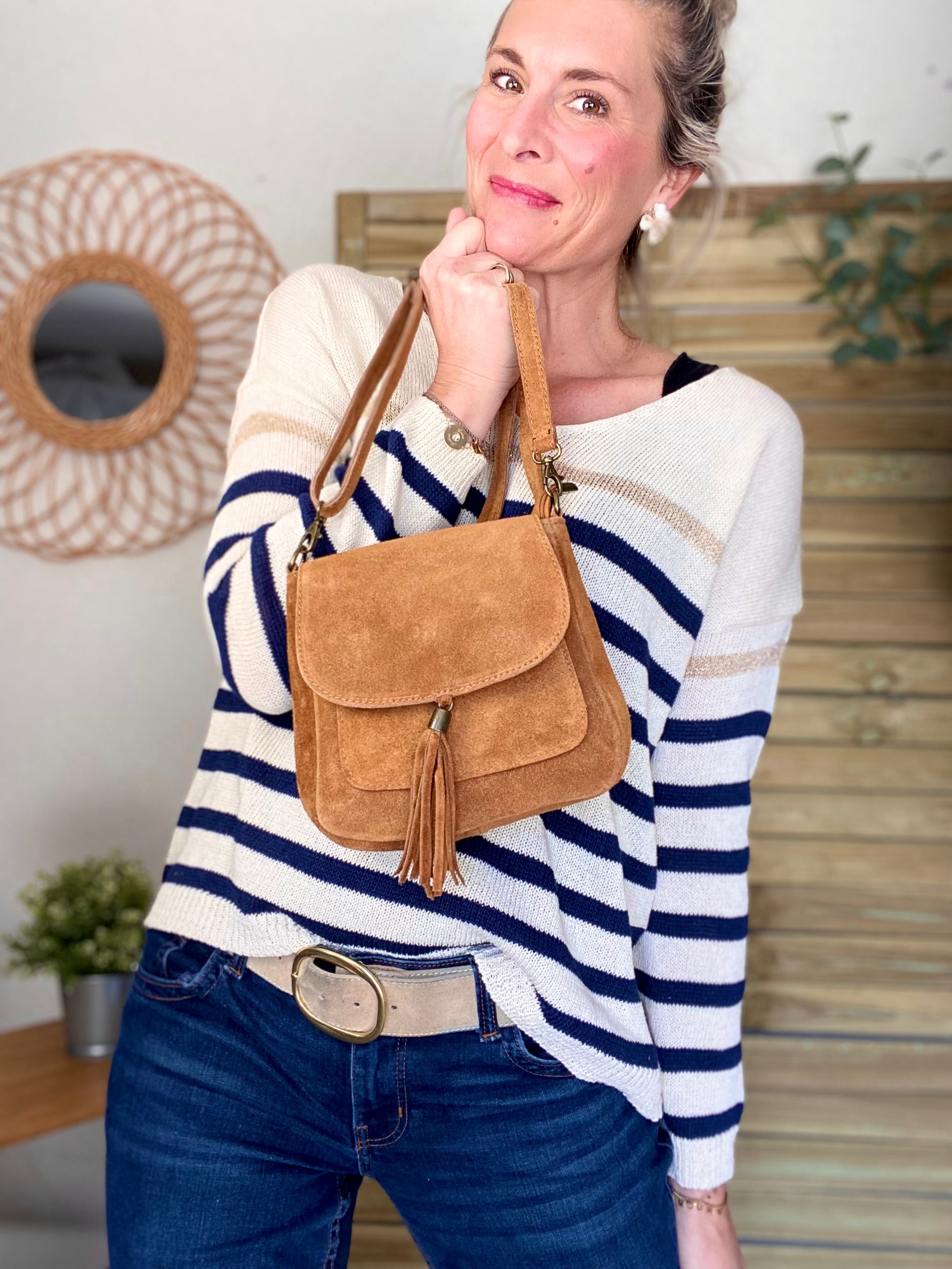 Sac bandoulière en cuir daim HORTENSE - Camel