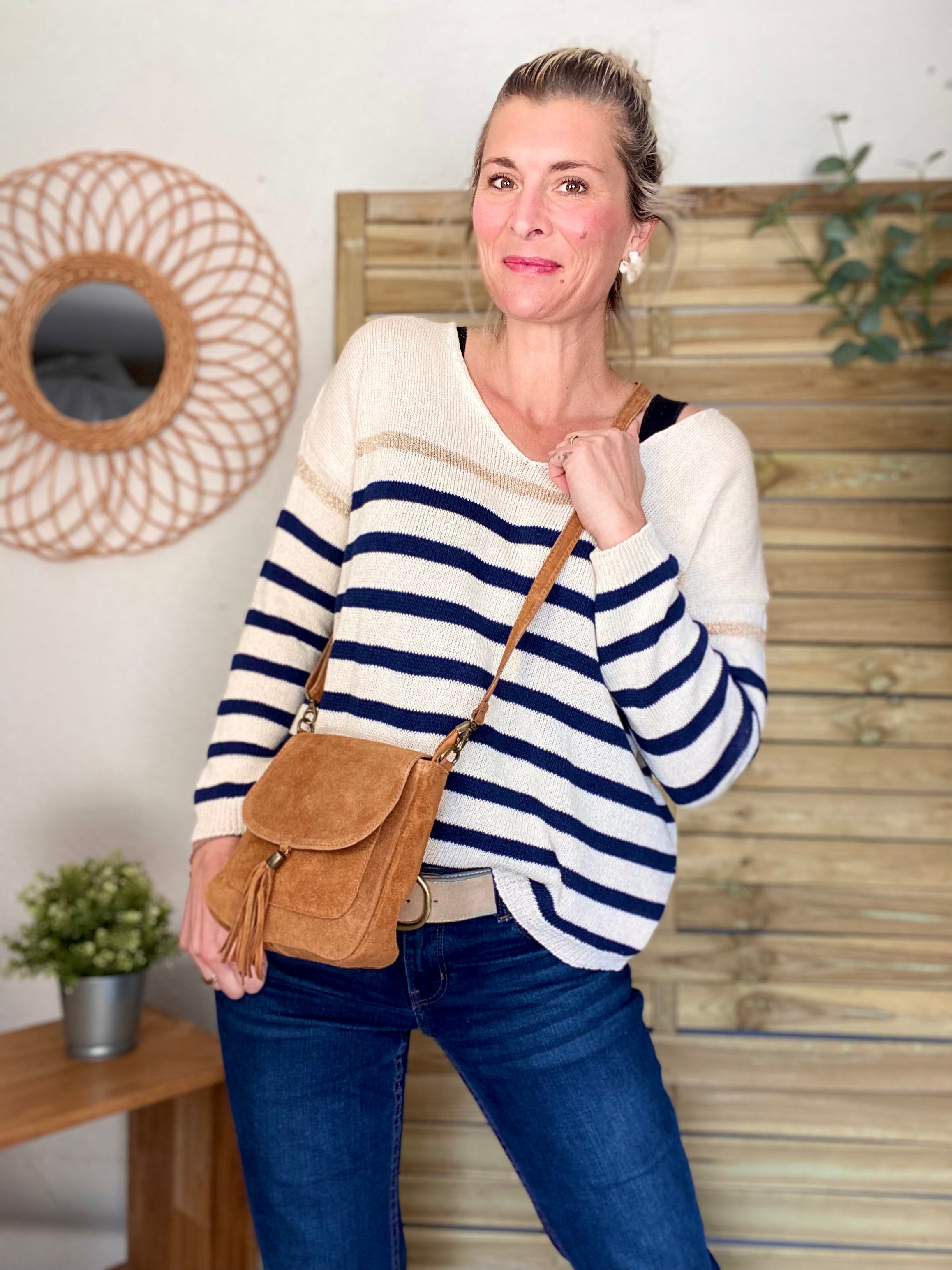 Sac bandoulière en cuir daim HORTENSE - Camel